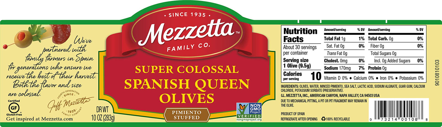 Mezzetta Super Colossal Spanish Queen Olives Pimiento Stuffed | Non-Gmo, Gluten Free | 10 Ounce Drained Weight (Pack Of 6)