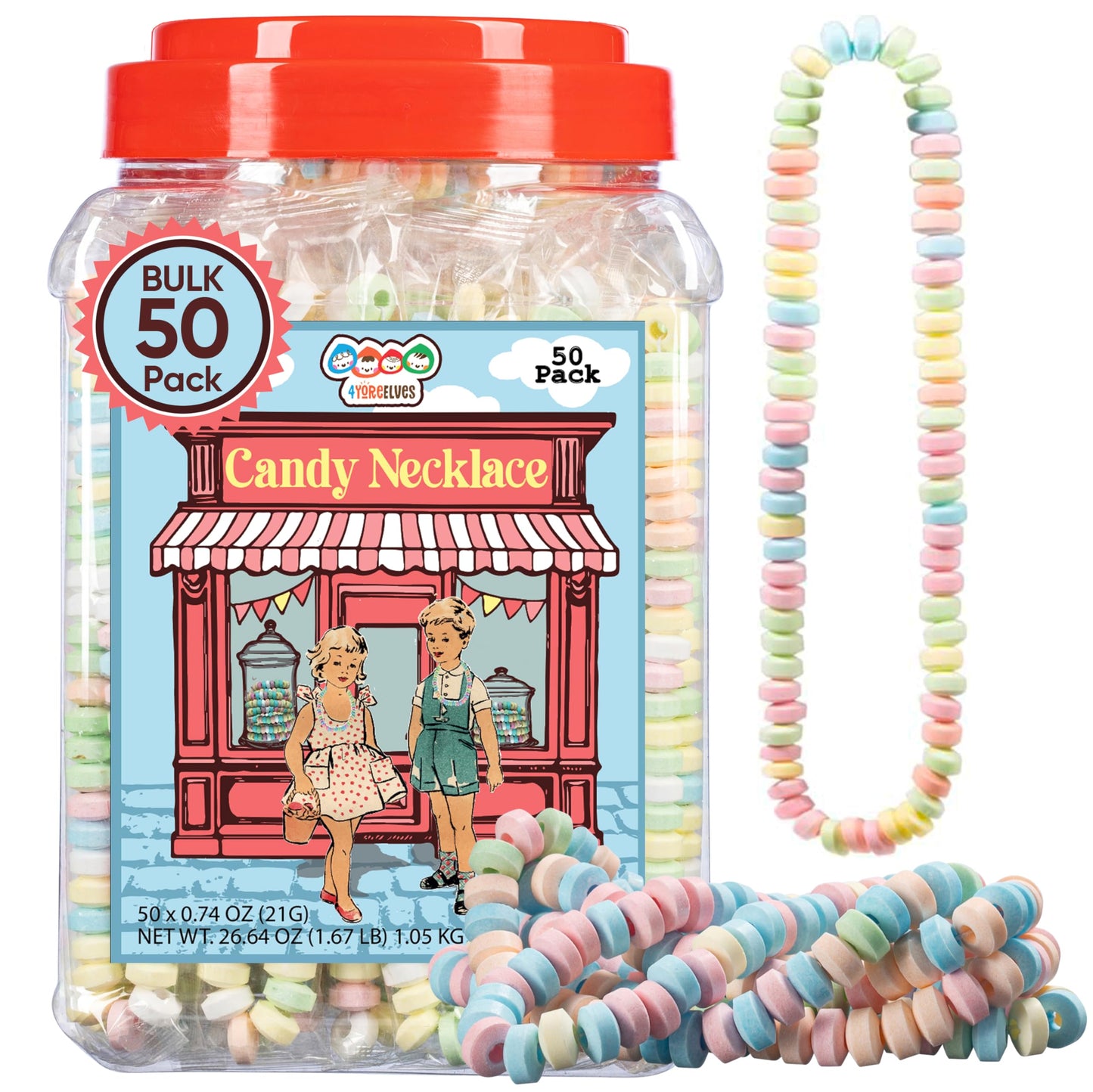 50 Candy Necklaces Individually Wrapped, Choker Style, Nostalgic Pastel Candy Jewelry Perfect for Party Favors, Pinata Fillers a