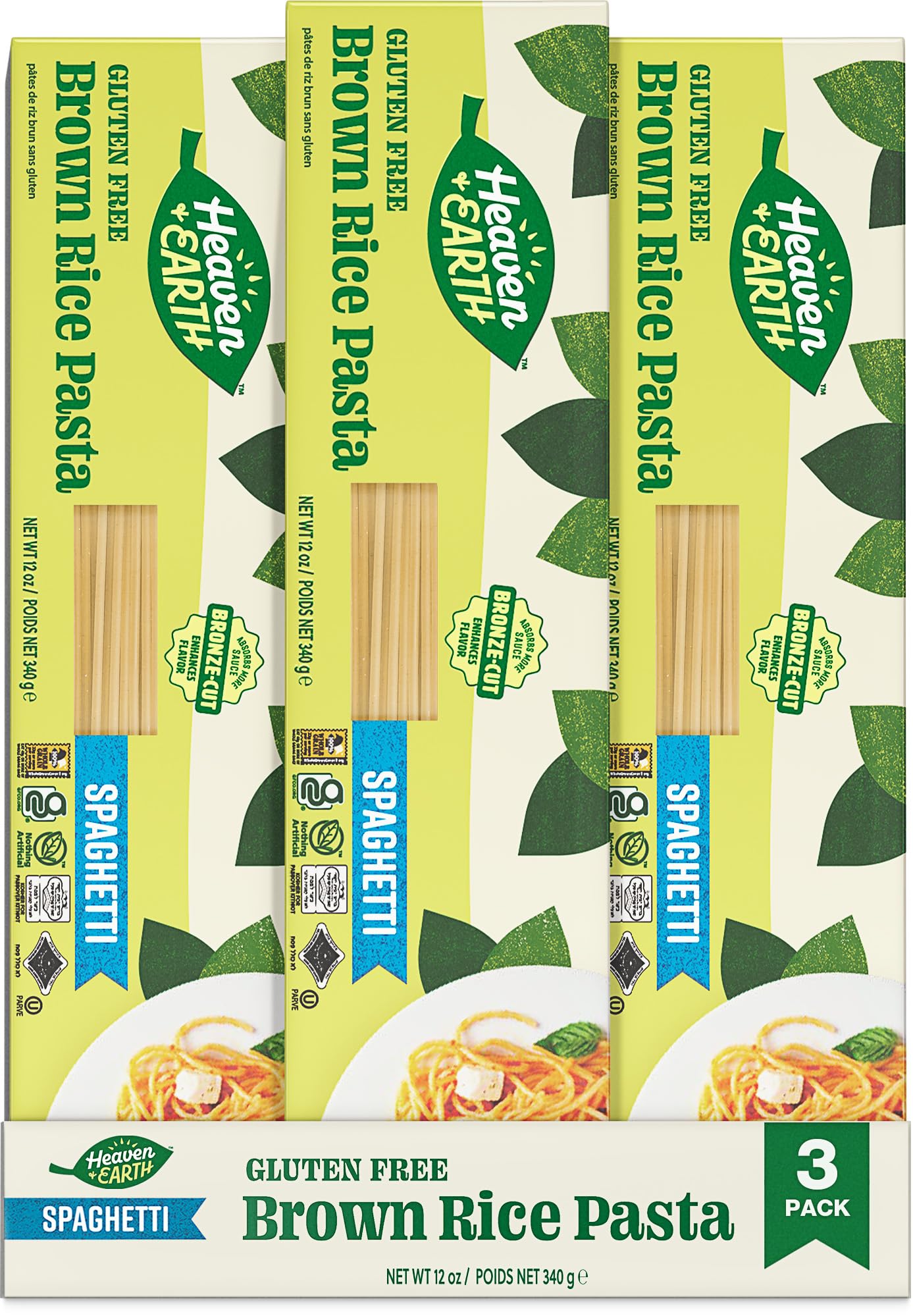 Heaven & Earth Brown Rice Pasta, Gluten Free Spaghetti, 12oz (3 Pack) | Whole Grain Gluten Free Pasta