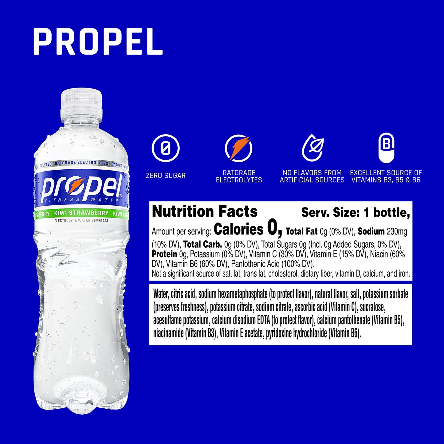 Propel, Kiwi Strawberry, Zero Calorie Sports Drinking Water with Electrolytes and Vitamins C&E, 16.9 Fl Oz (Pack of 12) - Packag