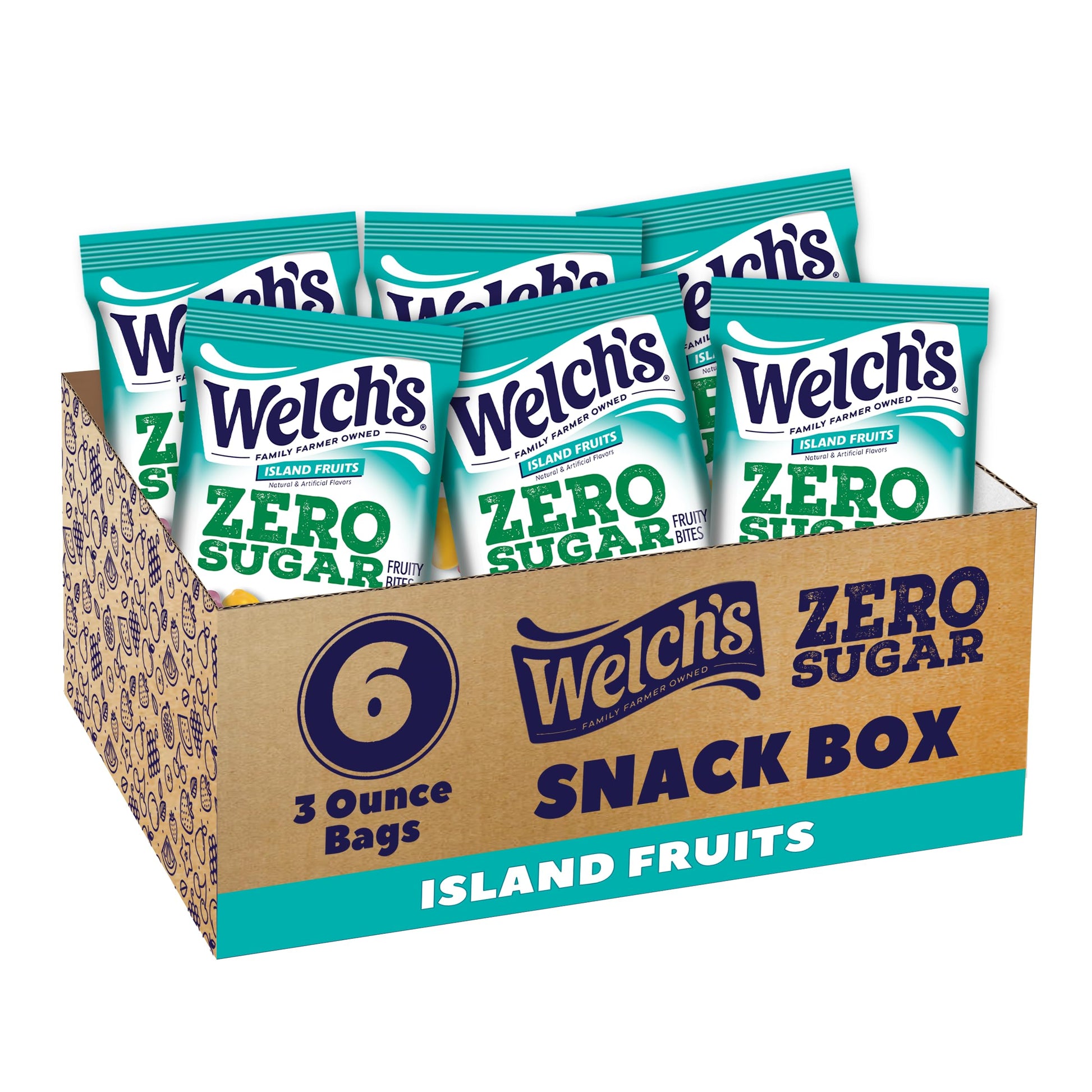 Welchs Zero Sugar Fruity Bites, Island Fruits Snack Box, Gluten Free & Sugar Free Snacks, 3oz Snack Packs (Pack of 6)