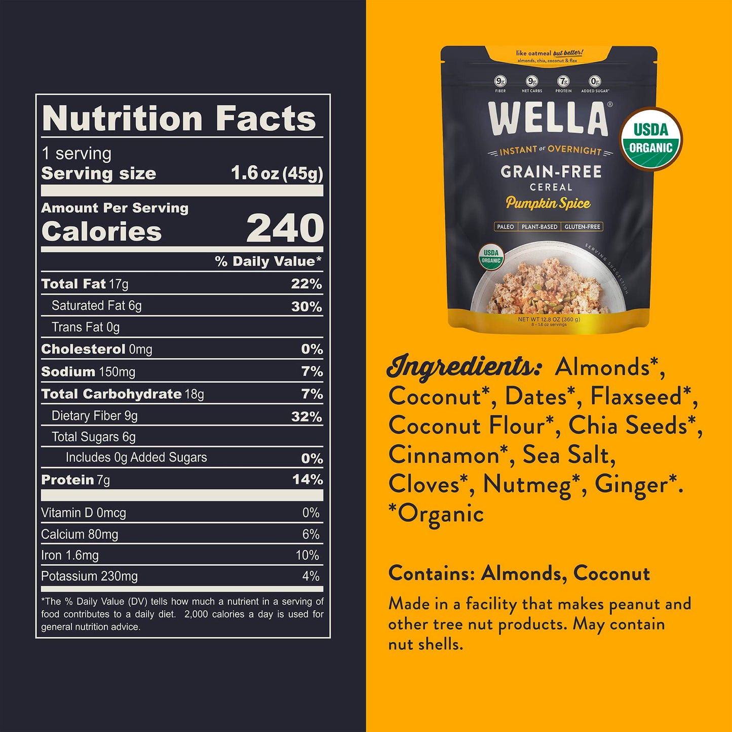 Wella Cereal Oatmeal Alternative, Gluten-Free Breakfast Hot Cereal, Grain-Free Paleo Organic Vegan High Protein Superfood, Plant-Based Non-Gmo, Low In Net Carbs, Multi-Serve Bag, Pumpkin Spice Flavor (1 Count, 12.8 Oz. Bag)