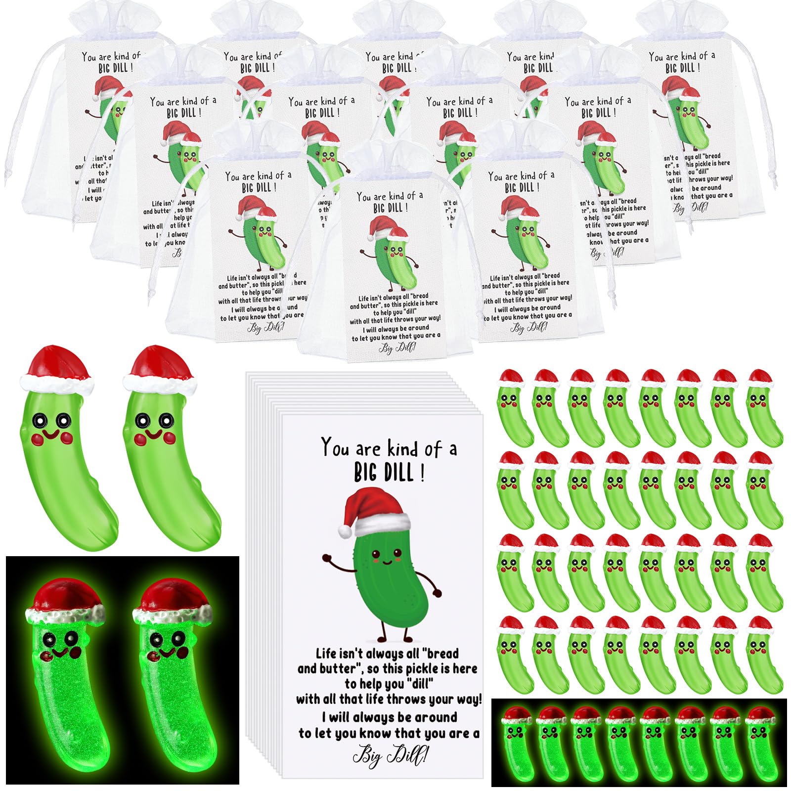 RoundFunny 30 Sets Emotional Support Gifts Bulk Cute Resin Luminous Pickle Taco with Inspirational Card Organza Bag for Coworker
