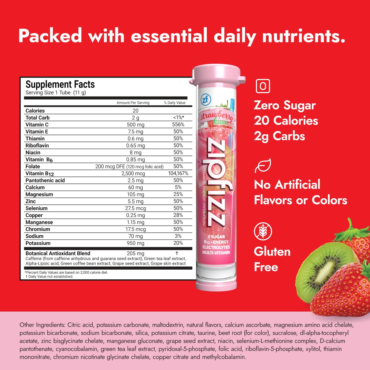 Zipfizz Daily Energy Drink Powder  Strawberry Kiwi  20 Pack | 3-in-1 Sustained Energy  Rapid Hydration  and Essential Vitamins | Sugar-Free | Electrolyte Powder | Contains Vitamin B-12 & Antioxidants