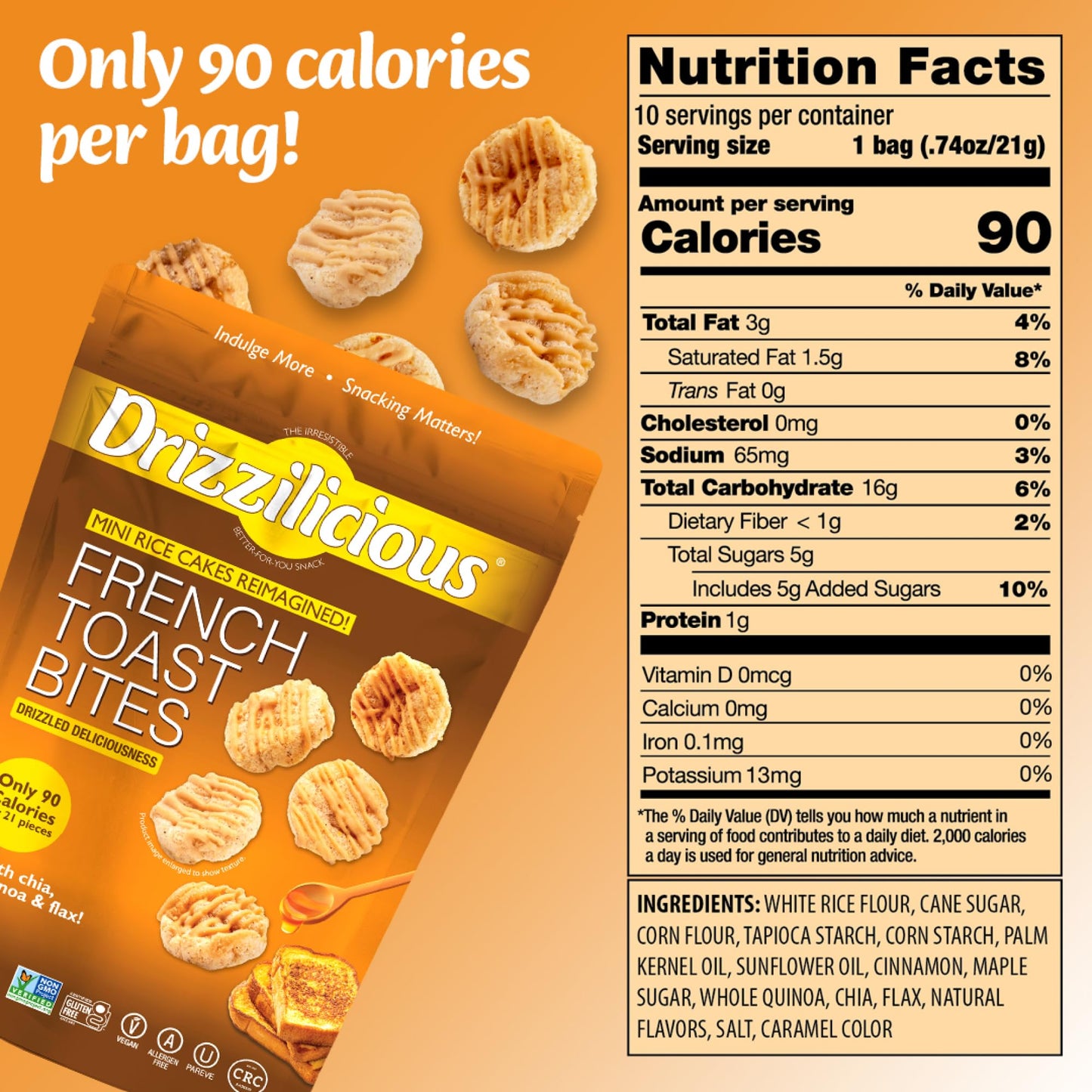 Drizzilicious Mini Rice Cakes, French Toast Flavor - Healthy Vegan Snack, 4 oz, Gluten-Free, Only 90 Calories Per Serving