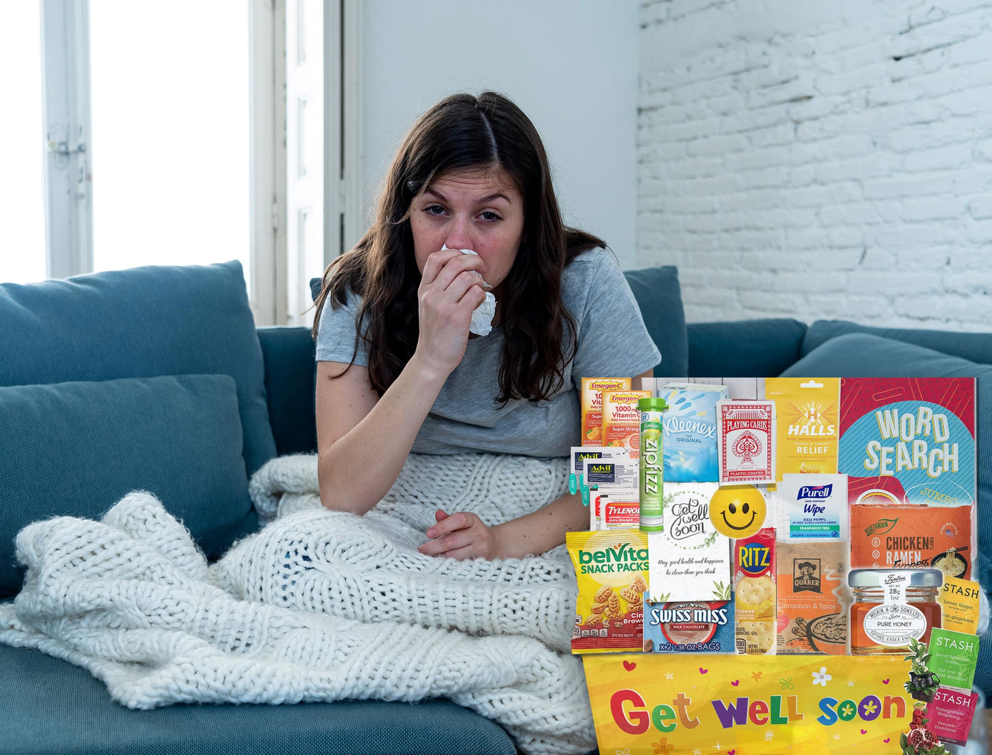 Flu Get Well Gift Basket Care Package – Snacks, Vitamin C, Medicine, Greeting Card, Wipes & Fun Activities – Comfort Gift Set With Tea, Stress Relief Colds, Flu, Allergies For Mature-Themed & Teenage