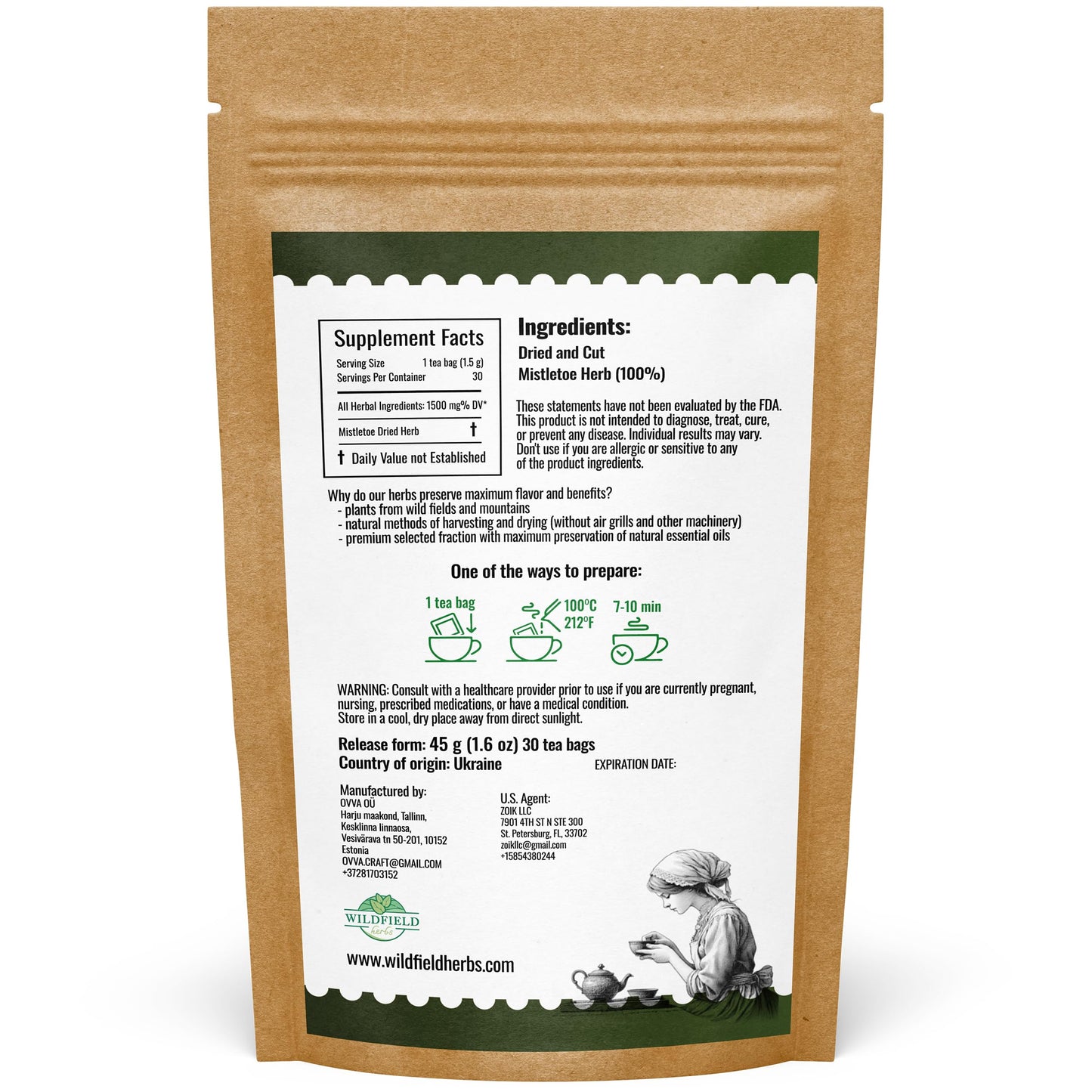 30 Bags Dried Mistletoe Herb Tea (Viscum) - 30 Count 1.5G Tea Bags Mistletoe Herb Muerdago