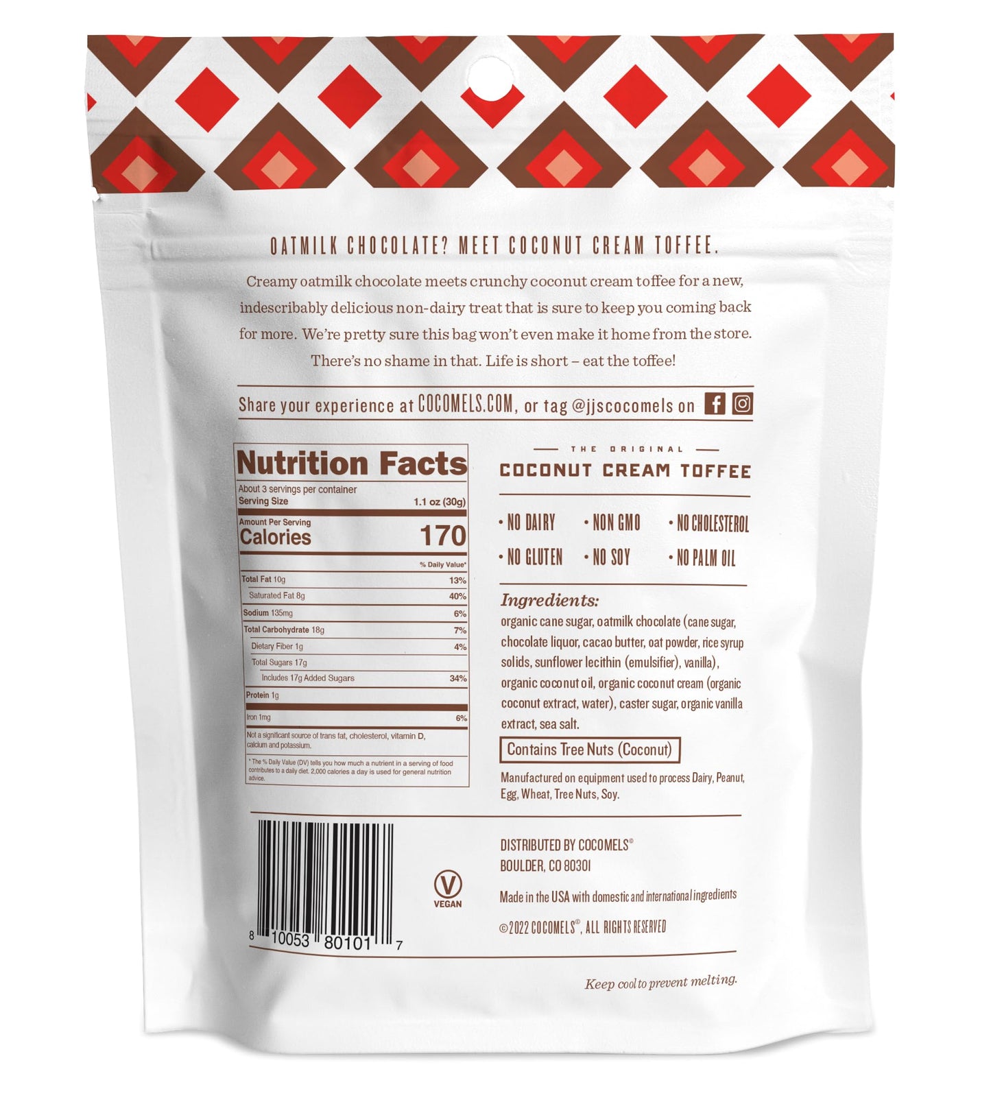 Cocomels Oatmilk Chocolate Covered Toffee Bark, 3.5 Oz, 6 Pack, Dairy Free, Vegan, Organic