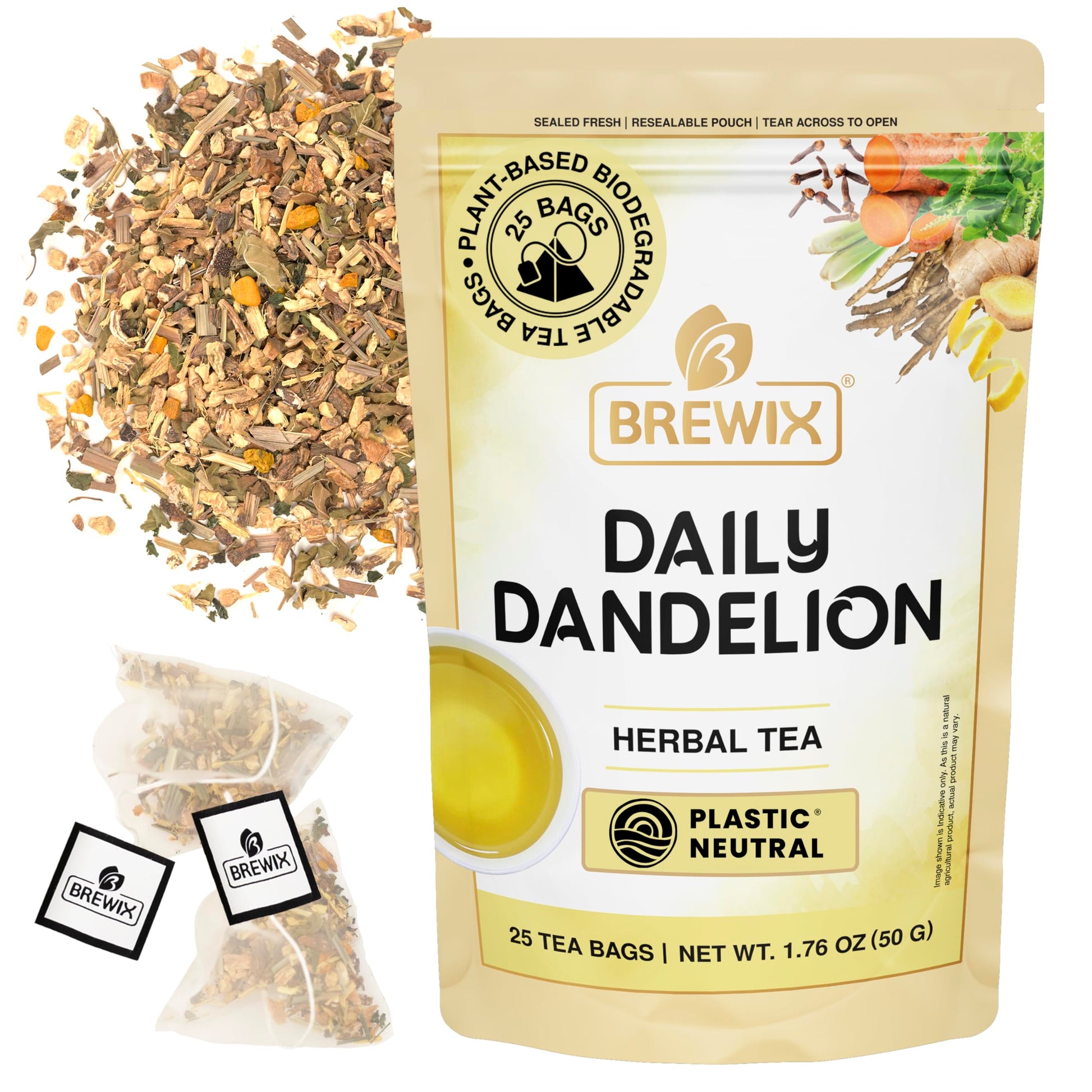 BREWIX Dandelion Root Detox Tea - Caffeine-Free Herbal Blend with Ginger, Tulsi & Turmeric, 25 Pyramid Tea Bags