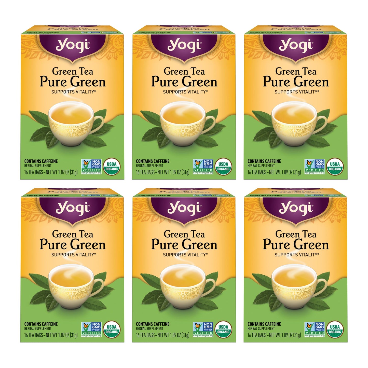 Yogi Pure Green Tea - Organic - 16 Bags per Pack (6 Packs) - Yellow