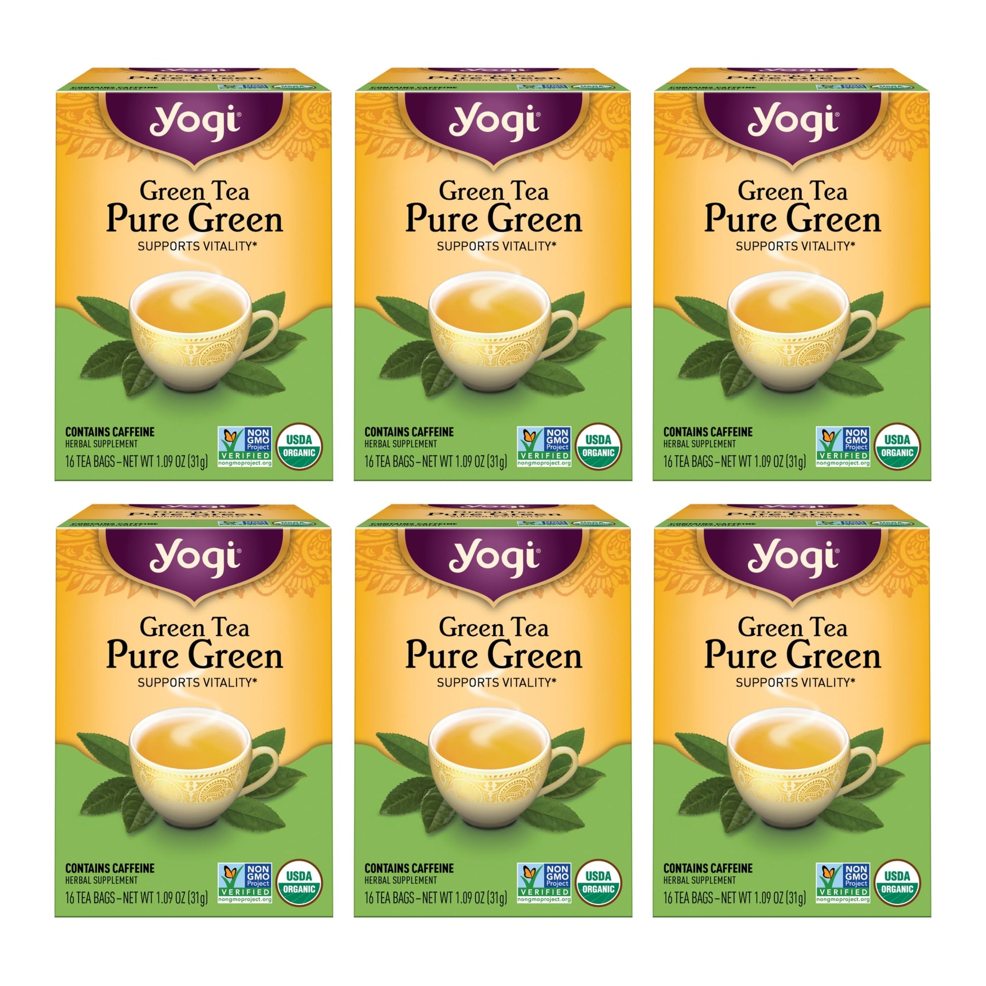 Yogi Pure Green Tea - Organic - 16 Bags per Pack (6 Packs) - Yellow