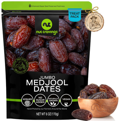 NUT CRAVINGS Dry Fruits - Sun Dried Jumbo Medjool Dates, No Sugar Added (6oz - 1 Pack) Packed Fresh in Resealable Bag - Sweet Sn
