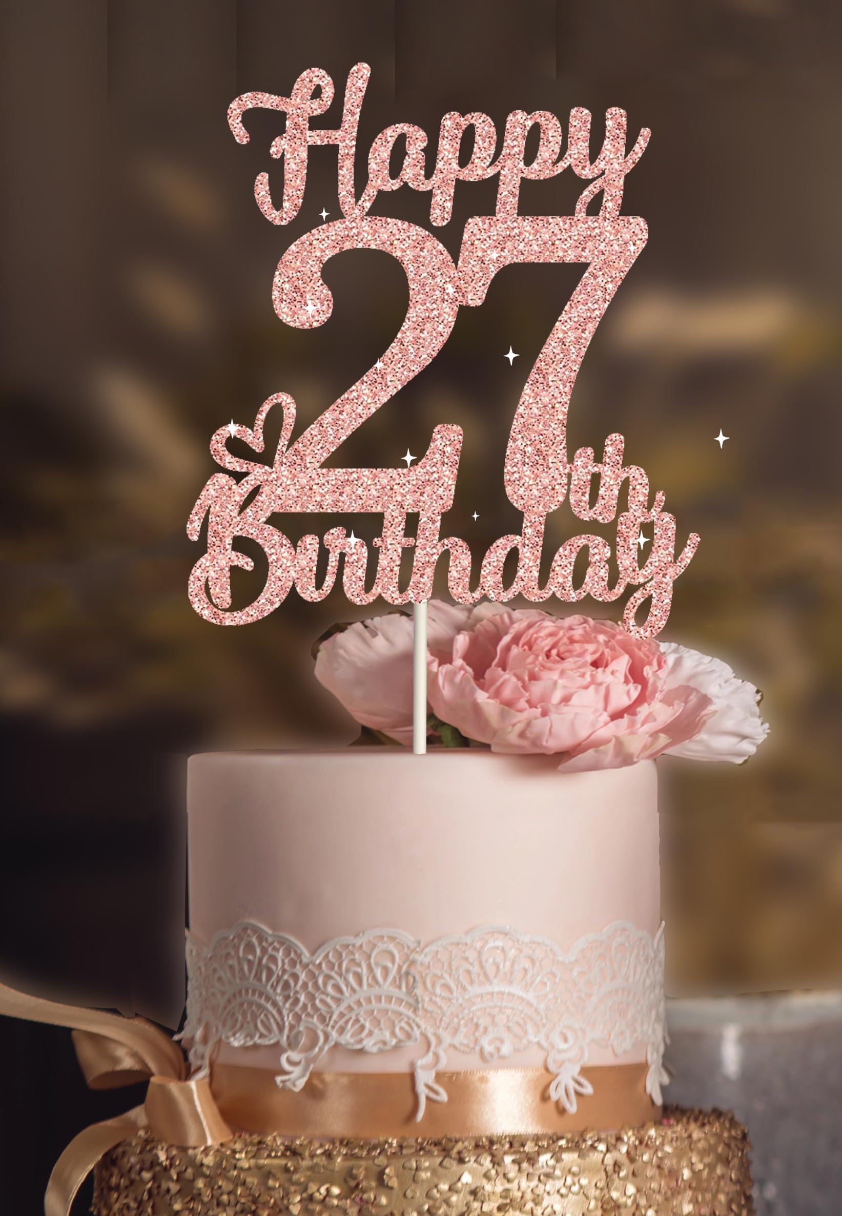 Veegood 27th Birthday Cake Topper - Rose Gold Glitter, Happy 27th Design