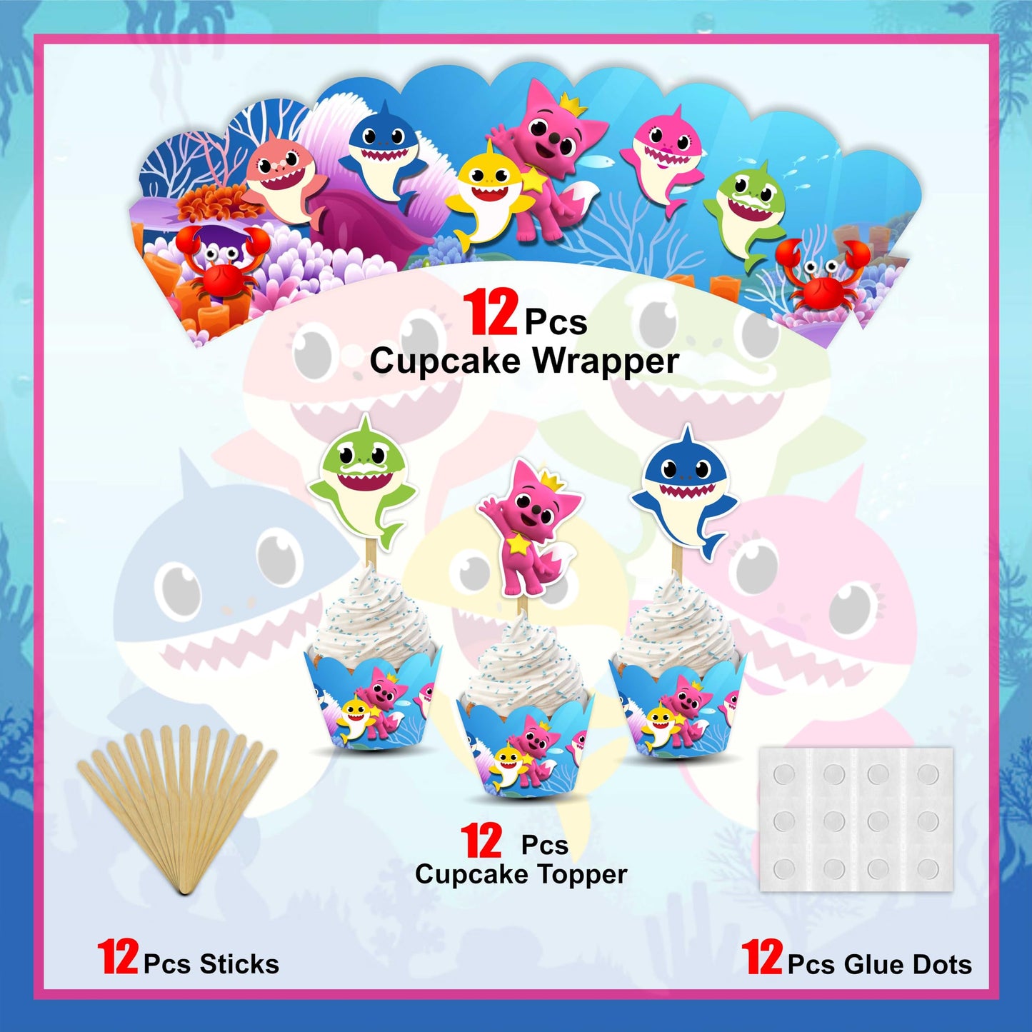 Bby Shark Cupcake Wrapper For Birthday Party – Underwater Ocean Theme Cupcake Decoration– Cute Shark Family Cupcake Holders For Baby Shower, First Birthday, Or Pool Party – Party Supplies