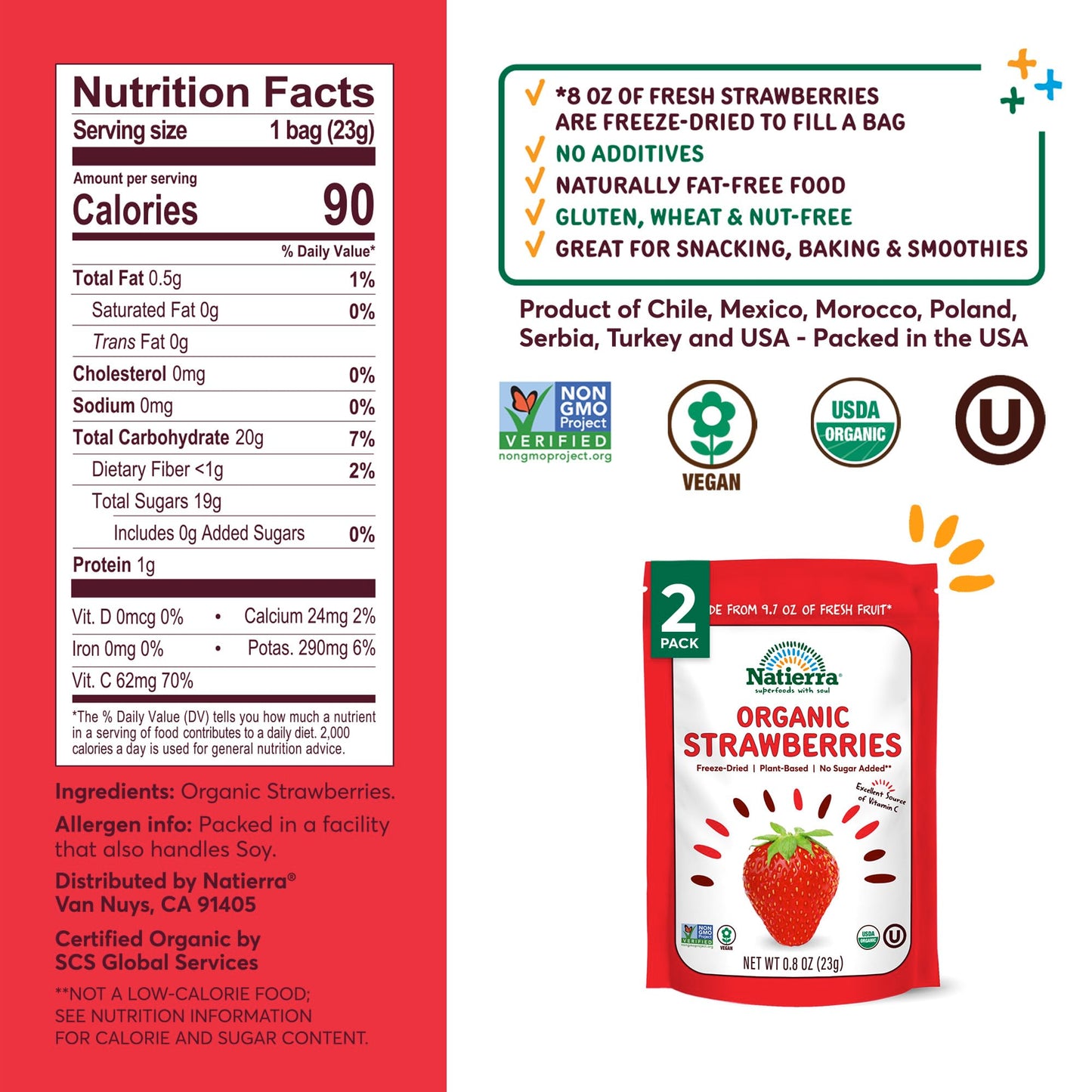 Natierra Organic Freeze-Dried Strawberries | Usda Organic, Non-Gmo & Vegan Strawberry | 0.8 Ounce (Pack Of 2)