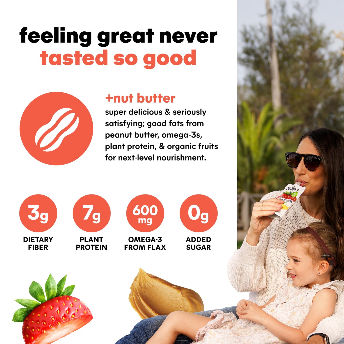 Noka Superfood Fruit & Nut Butter Smoothie Pouches, Healthy Snacks (Strawberry Peanut Butter) 6 Pack, Vegan, Plant Protein, Glut