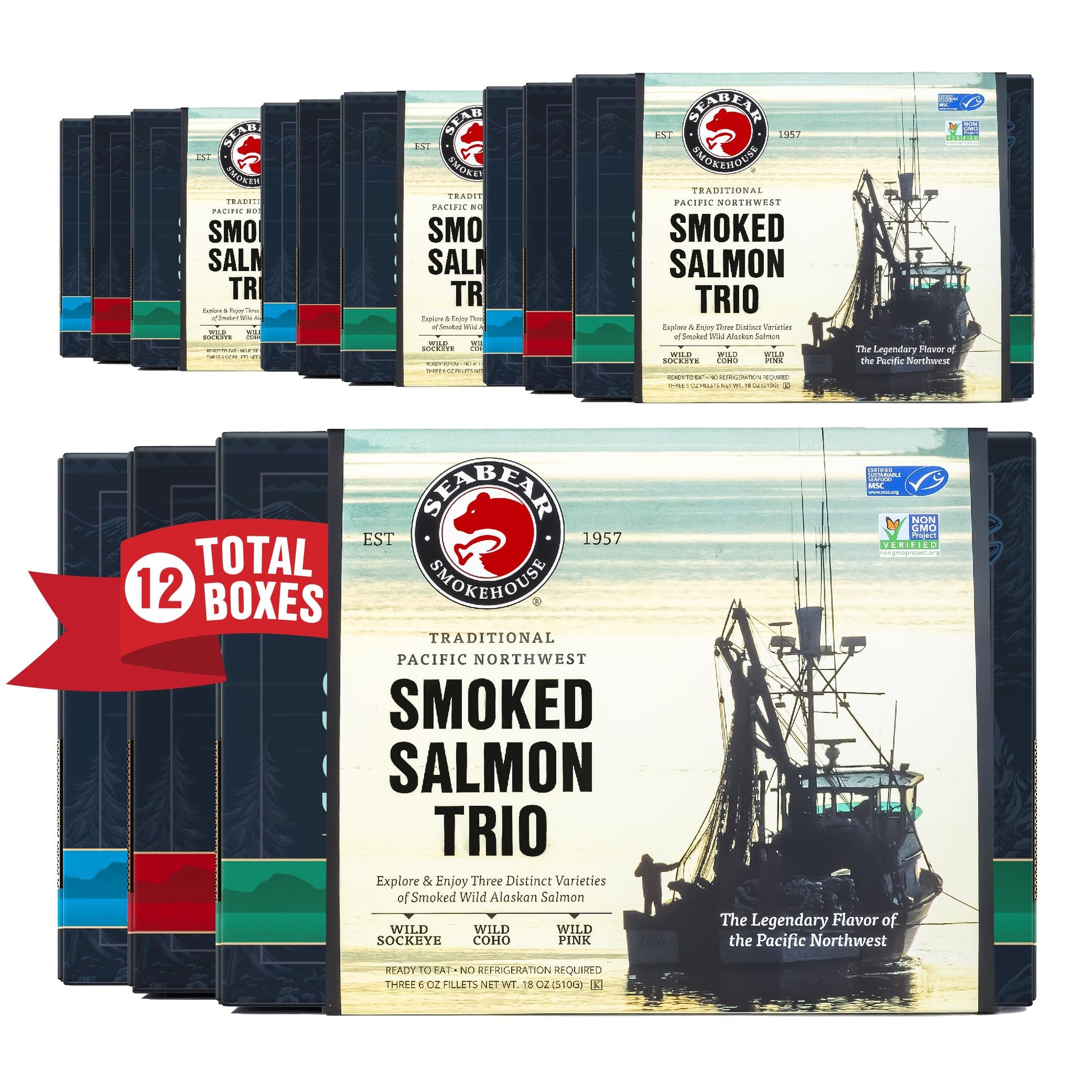 SeaBear Smoked Salmon Gift Box, Wild Alaska Sockeye, Pink & Coho, 18oz (Pack of 4) Fillets, Ready to Eat, Shelf Stable