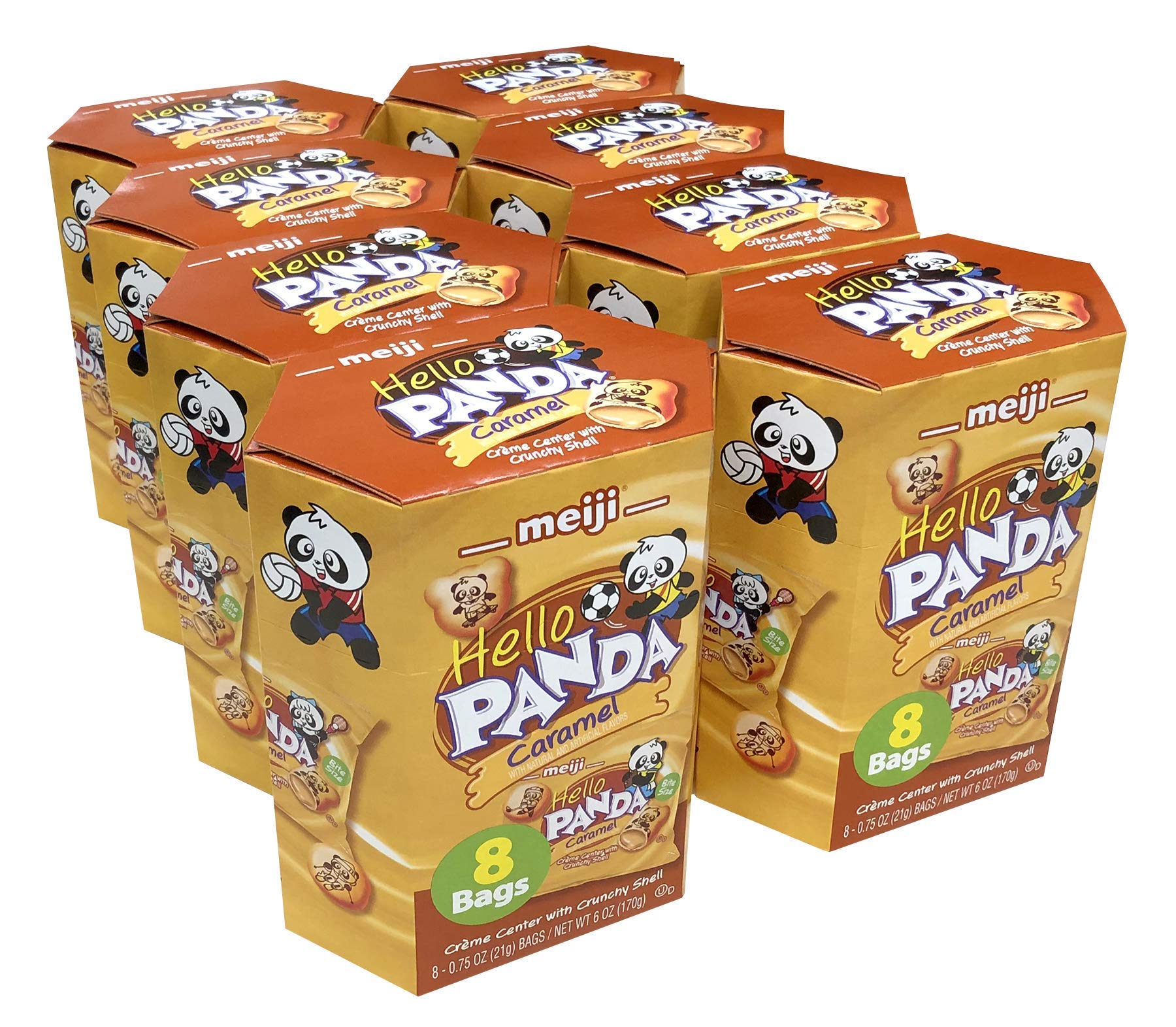 Meiji Hello Panda Cookies, Caramel Crme Filled - 6 oz, Pack of 8, 64 Bags Total - Bite Sized Cookies with Fun Panda Sports