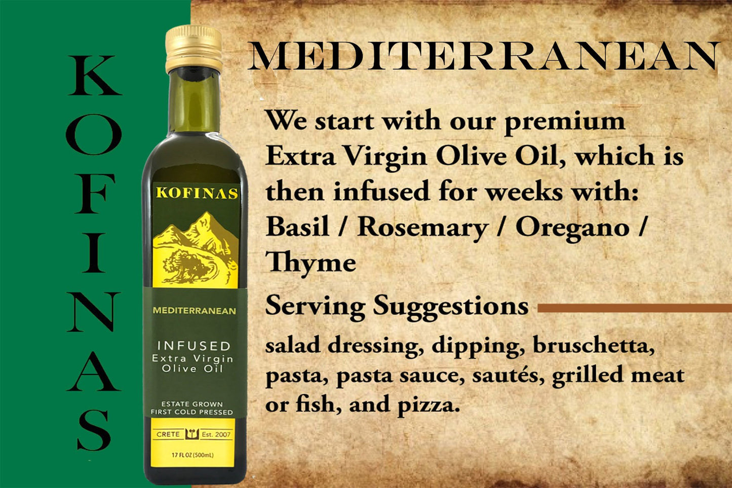 Mediterranean Flavored Extra Virgin First Cold Pressed Olive Oil 500 Ml (17 Oz) (Rosemary, Thyme, And Basil Flavor)
