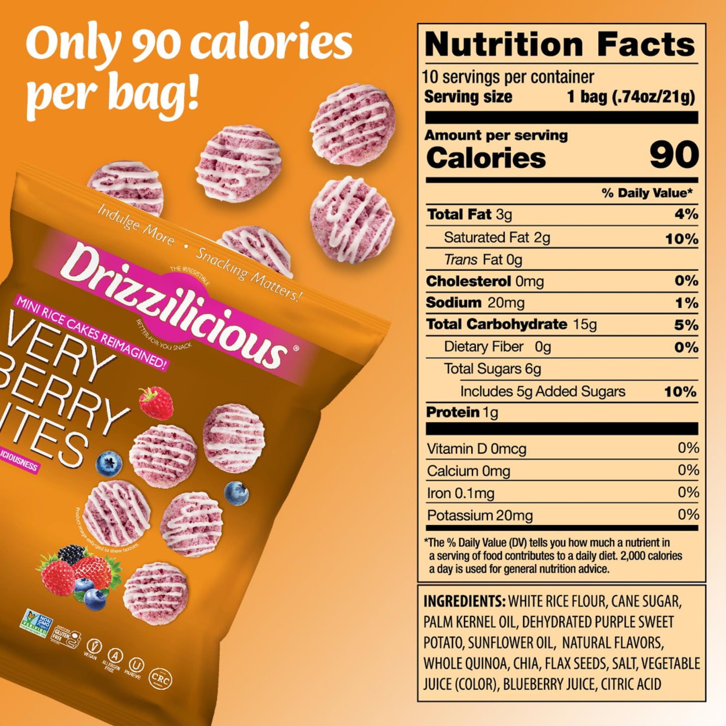 Drizzilicious Mini Rice Cakes Very Berry - Rice Crisps, Healthy Snack For Mature-Themeds And Kids, Flavored Rice Cakes, Vegan, Gluten Free, Allergen Free, Only 90 Calories Per Bag - .74 Oz (Pack Of 10)