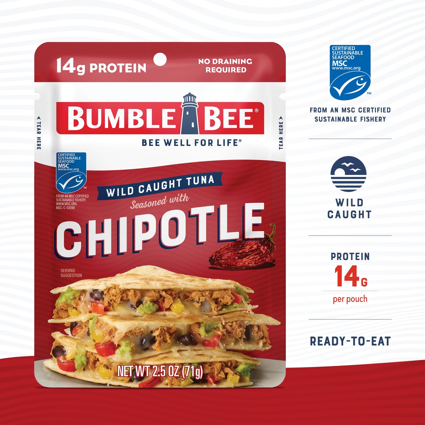 Bumble Bee Chipotle Seasoned Tuna Pouches, 2.5 oz (Pack of 12) - Wild Caught, 14g Protein, Gluten Free