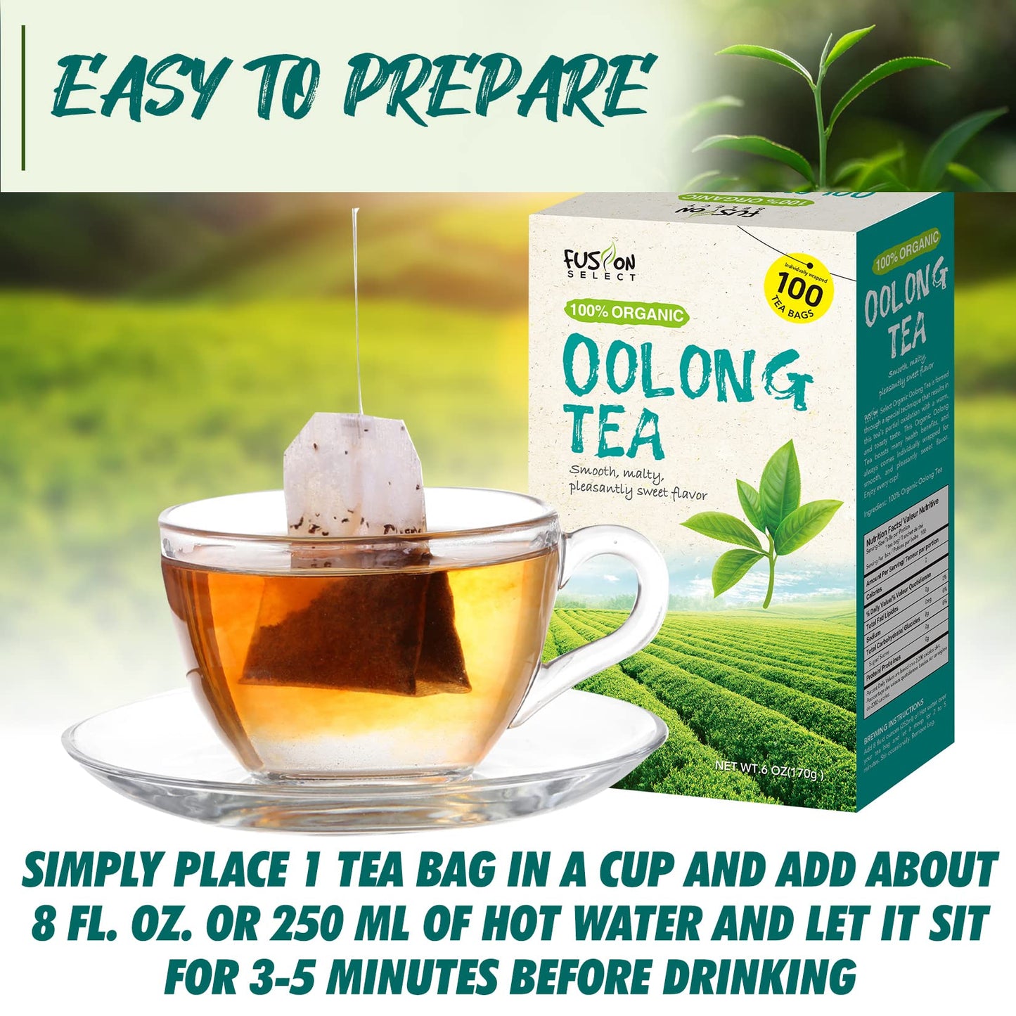 Fusion Select 200 Counts Organic Oolong Tea - Smooth, Mildly Sweet Flavor - Relaxing & Calming Fresh Herbal Drink - Instant Blen