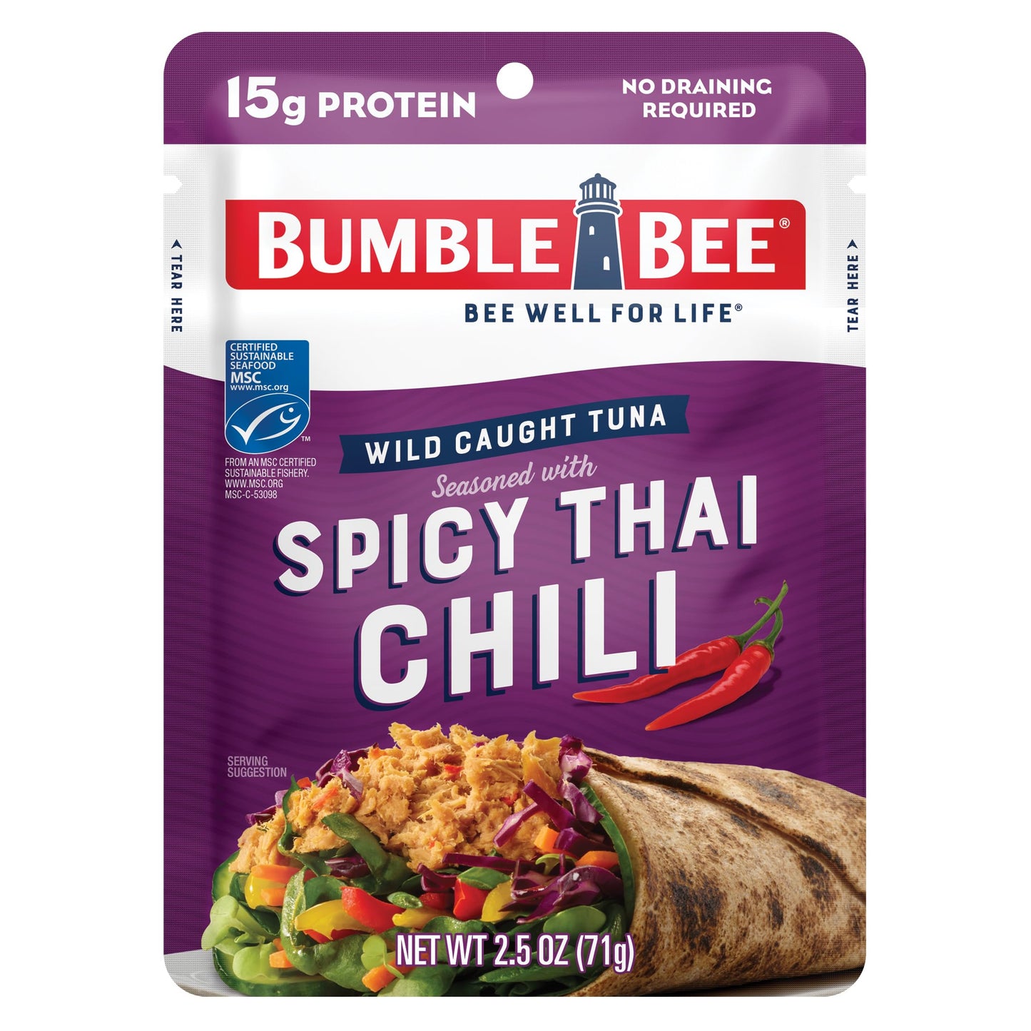 Bumble Bee Spicy Thai Chili Seasoned Tuna, 2.5 Oz Pouch - Ready To Eat - Wild Caught Tuna Packet - 15G Protein Per Serving - Gluten Free