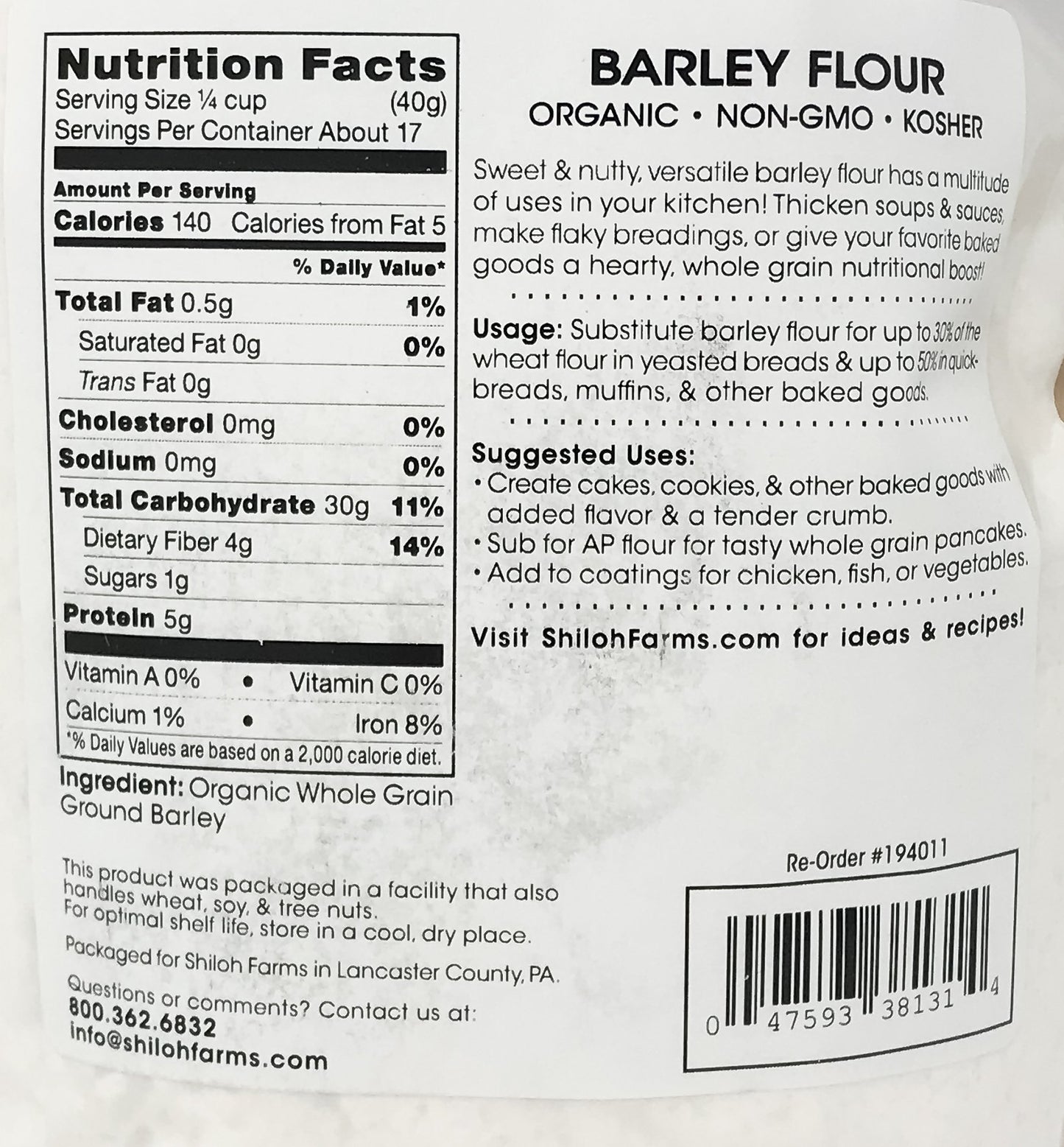 Shiloh Farms - Organic Barley Flour, 2 Packs - 24 Ounce Each