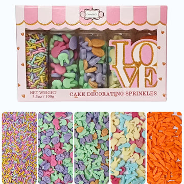 Confect Easter Sprinkles Edible | Assorted pack of 5 Pink, Yellow, Red, Silver and Green Vermicelli and Easter Bunny I Cookies, 