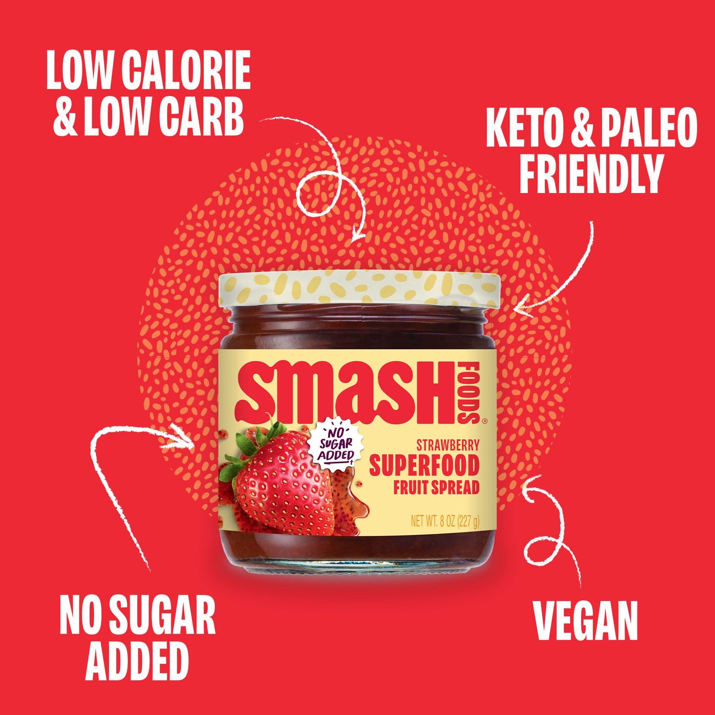 Smash Foods Strawberry Jam | Low-Calorie, No Sugar Added Keto Jam With Upcycled Fruit & Chia Seeds | Vegan, Paleo Superfood Frui