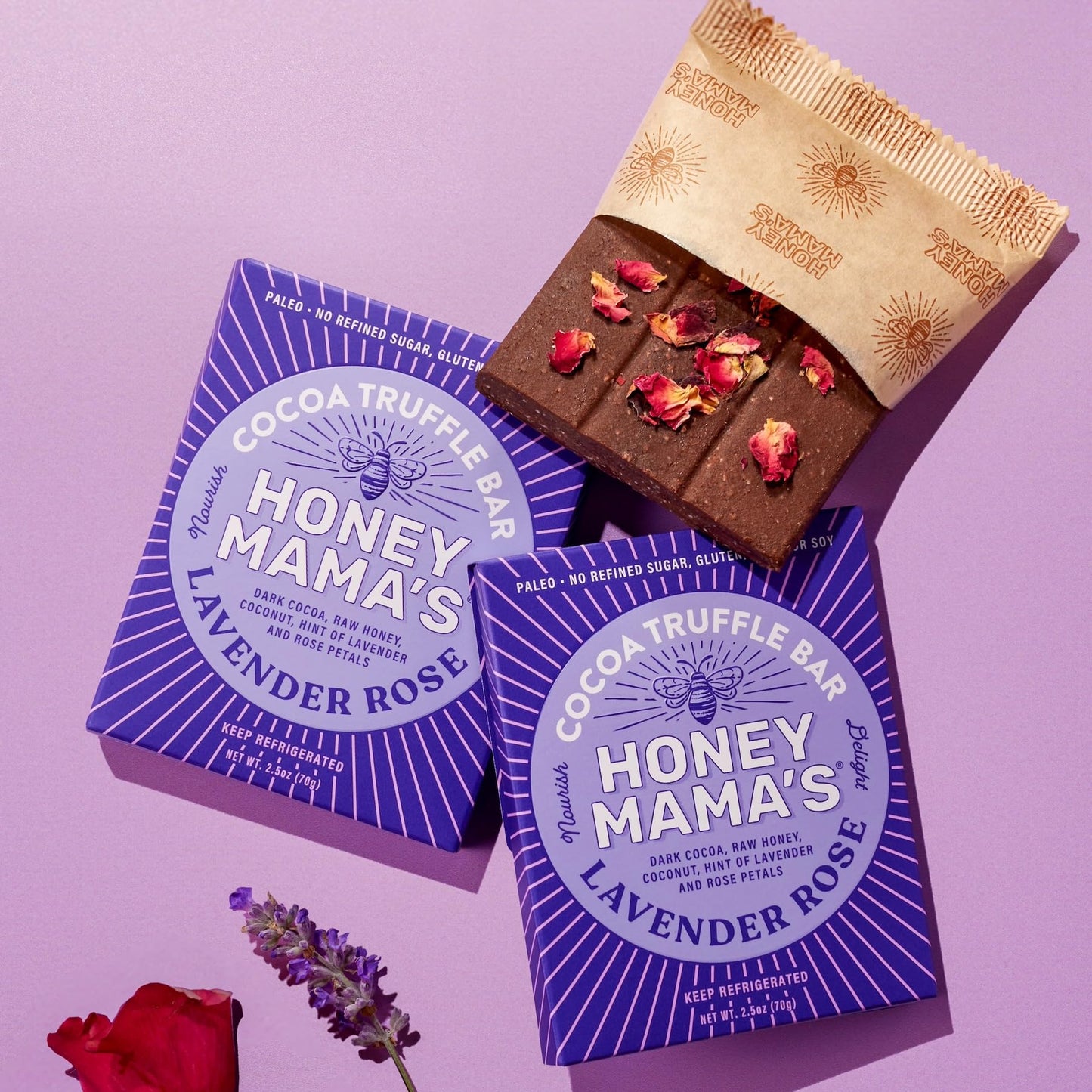 Honey Mamas Lavender Rose Cocoa Truffle Bars, No Refined Sugar, Gluten Free, Dairy Free, Paleo, 2.5 OZ, 3-Serving Bar