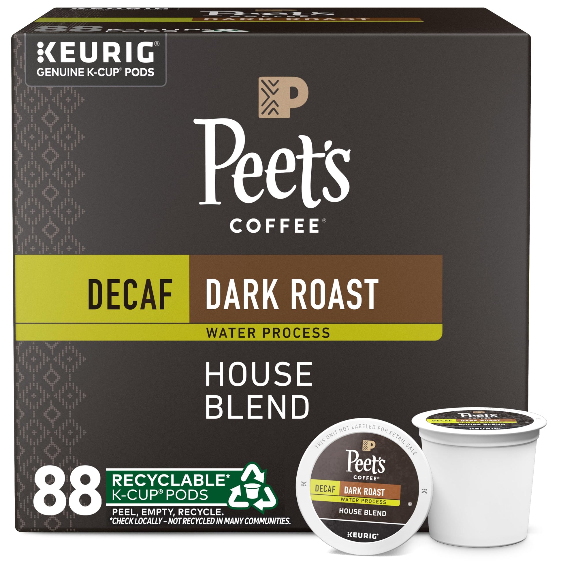 Peets Coffee Dark Roast Decaf K-Cup Pods - 88 Count (4 Boxes of 22 Pods) - Decaf House Blend
