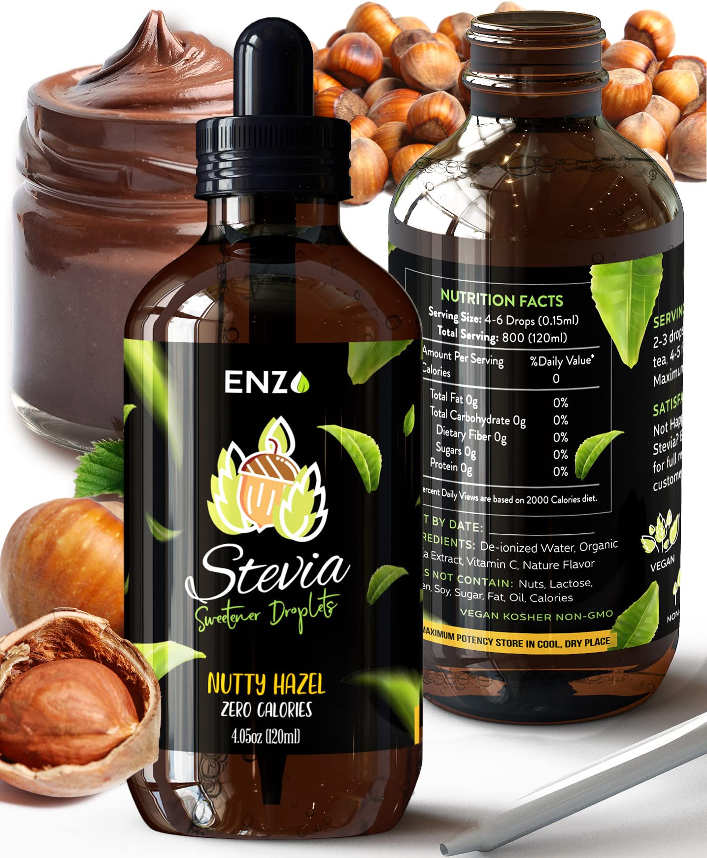 Enzo Liquid Stevia Drops - Zero Calories Sweetener, 4 Fl Oz, Hazelnut Flavor, 800 Servings, All Natural, No Additives