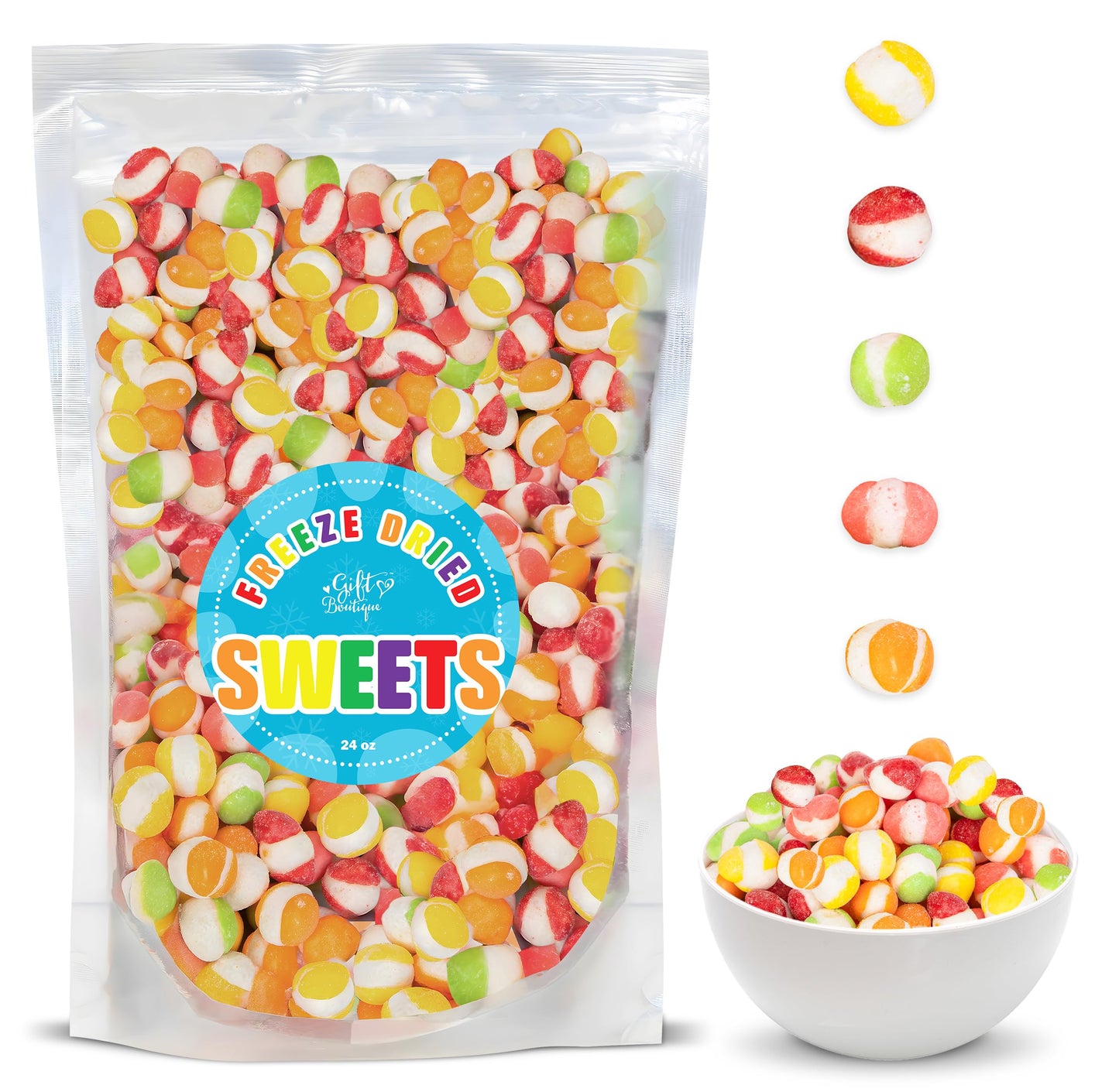 Freeze Dried Candy Gourmet Crunch Candies 24Oz Bag Pouch Assorted Cherry Strawberry Lemon Lime Orange Original Rainbow Fruity Fl