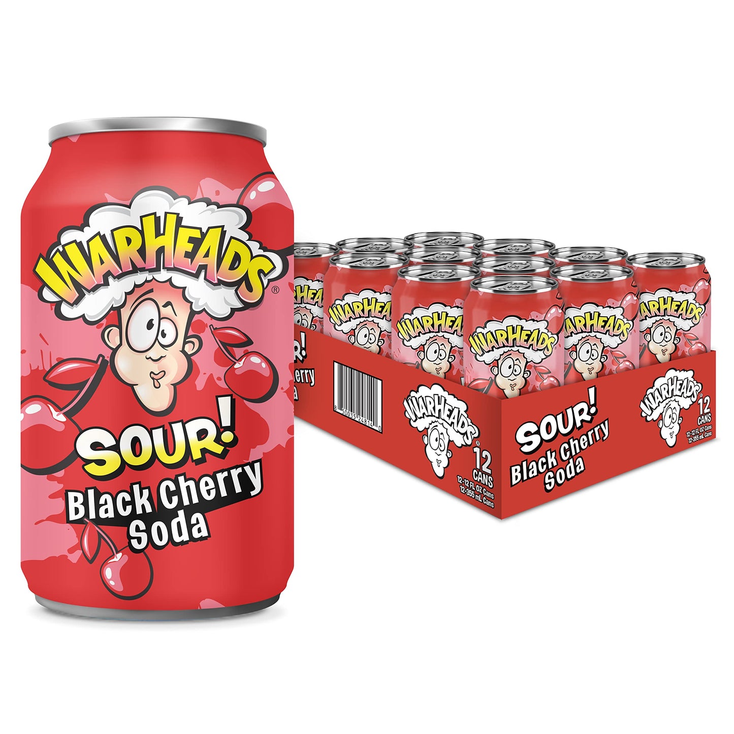 Warheads Sour Fruity Soda, Classic Flavors, 12 Fl Oz (Pack of 12), Black Cherry