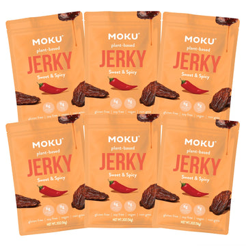 Moku Plant-Based Mushroom Jerky, Sweet & Spicy (6 Pack) Vegan Jerky, Gluten Free, Soy-Free, Non-Gmo Vegan Snacks, Vegan Meat No 