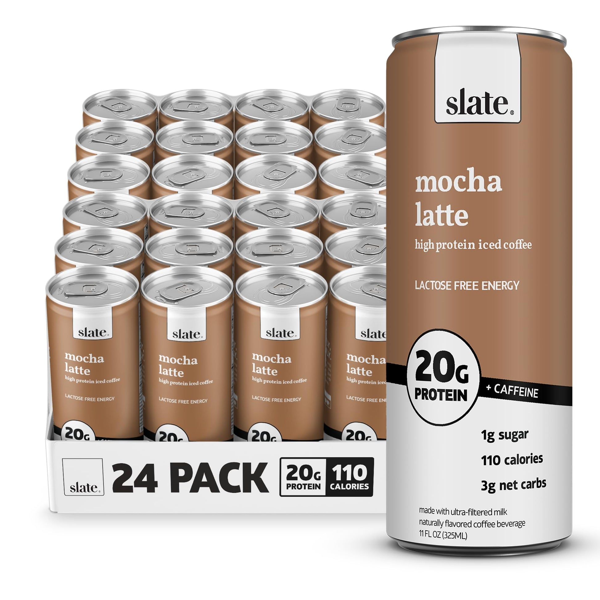 Slate Milk - High Protein Iced Coffee - Mocha Latte - 175Mg Energy Blend  Lactose Free Energy - 20G Protein  1G Sugar  110 Calories  3G Net Carbs  No Sugar Added - Protein Coffee - 11 Fl Oz  24 Cans