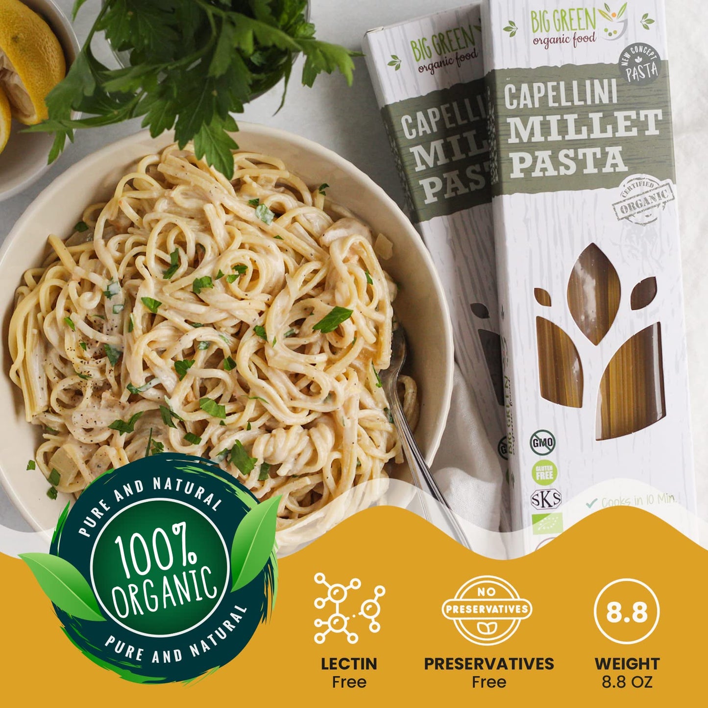 Big Green Organic Food- Organic Millet Capellini, Gluten-Free, Lectin-Free, Non-Gmo, Vegan, 6G Of Protein, Wheat And Rice Altern