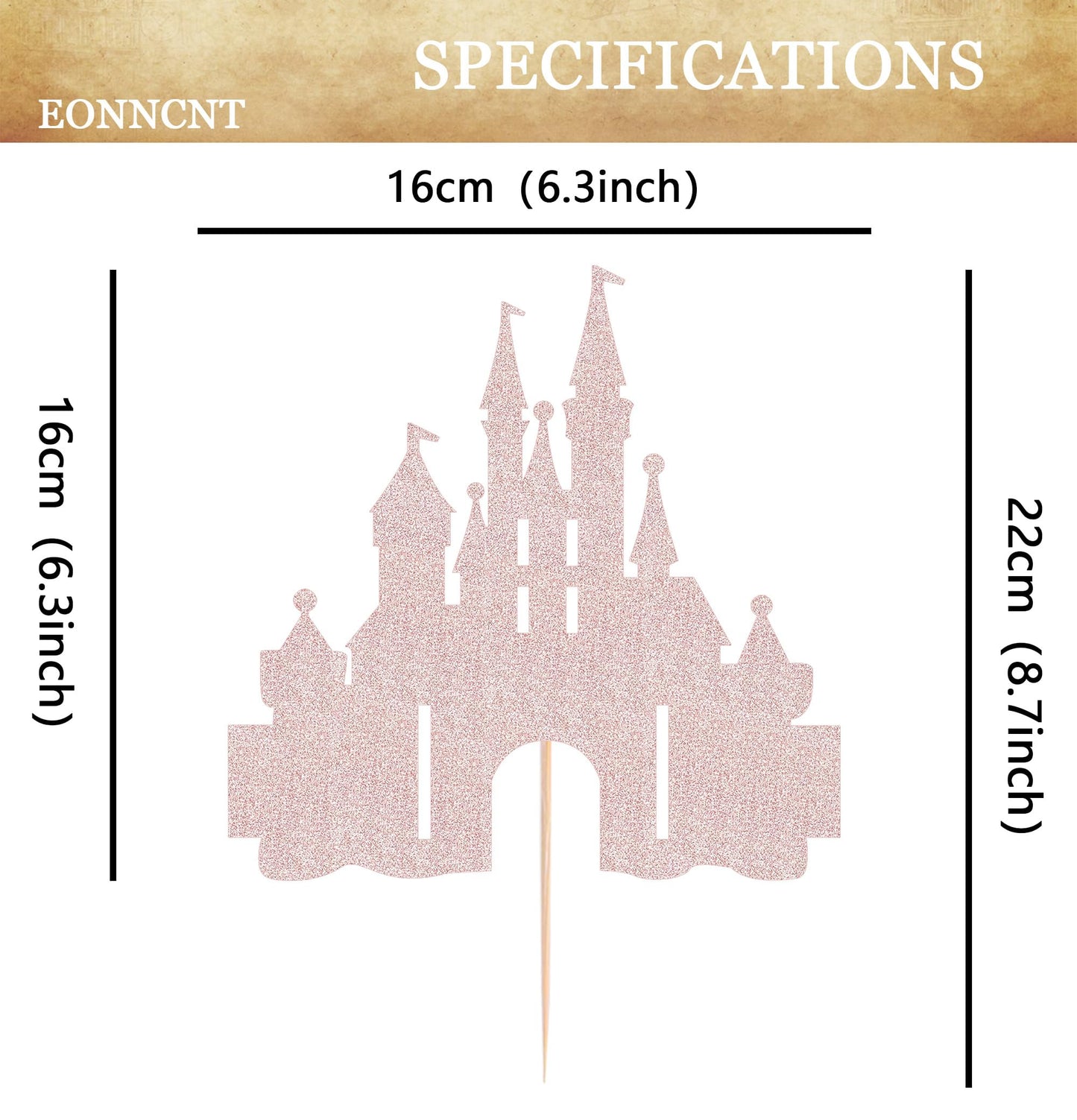 EONNCNT Castle Cake Topper - Rose Gold Glitter, 6.3 x 8.7, Cardboard, Birthday Party Supplies