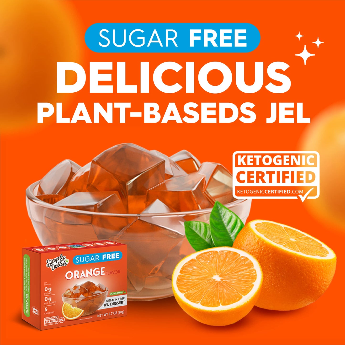 Simply Delish Plant Based Natural Orange Jel Dessert - 6 Pack - Zero Sugar, 0g Net Carbs, Gluten Free, Vegan, Diabetic & Allerge