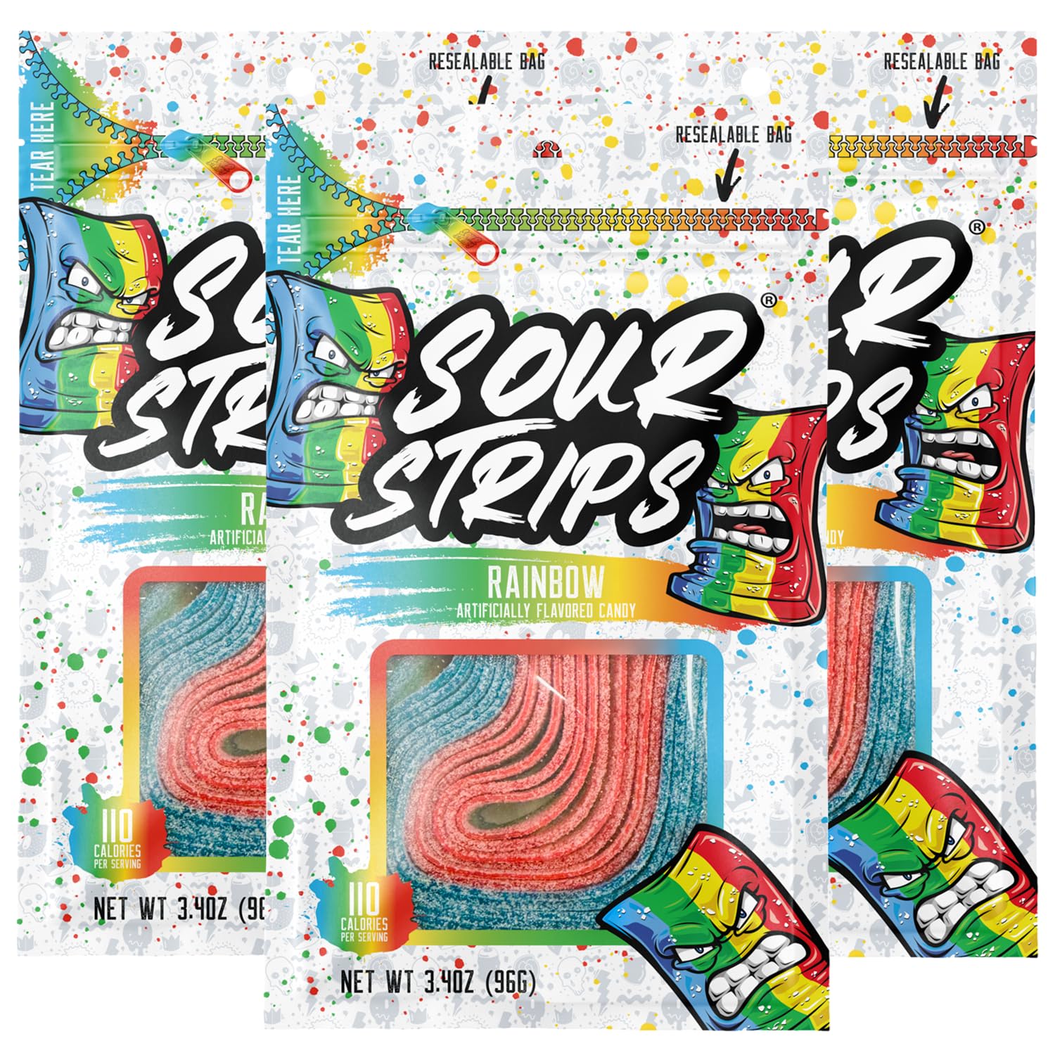 SOUR STRIPS Sour Candy Strips, Chewy Vegetarian Belts, Rainbow Flavor, 3 Pack