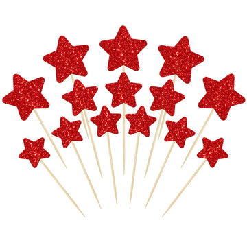 Gyufise 42Pcs Red Glitter Star Cupcake Toppers Mixed Size Twinkle Little Star Cupcake Picks Decorations For Wedding Anniversary