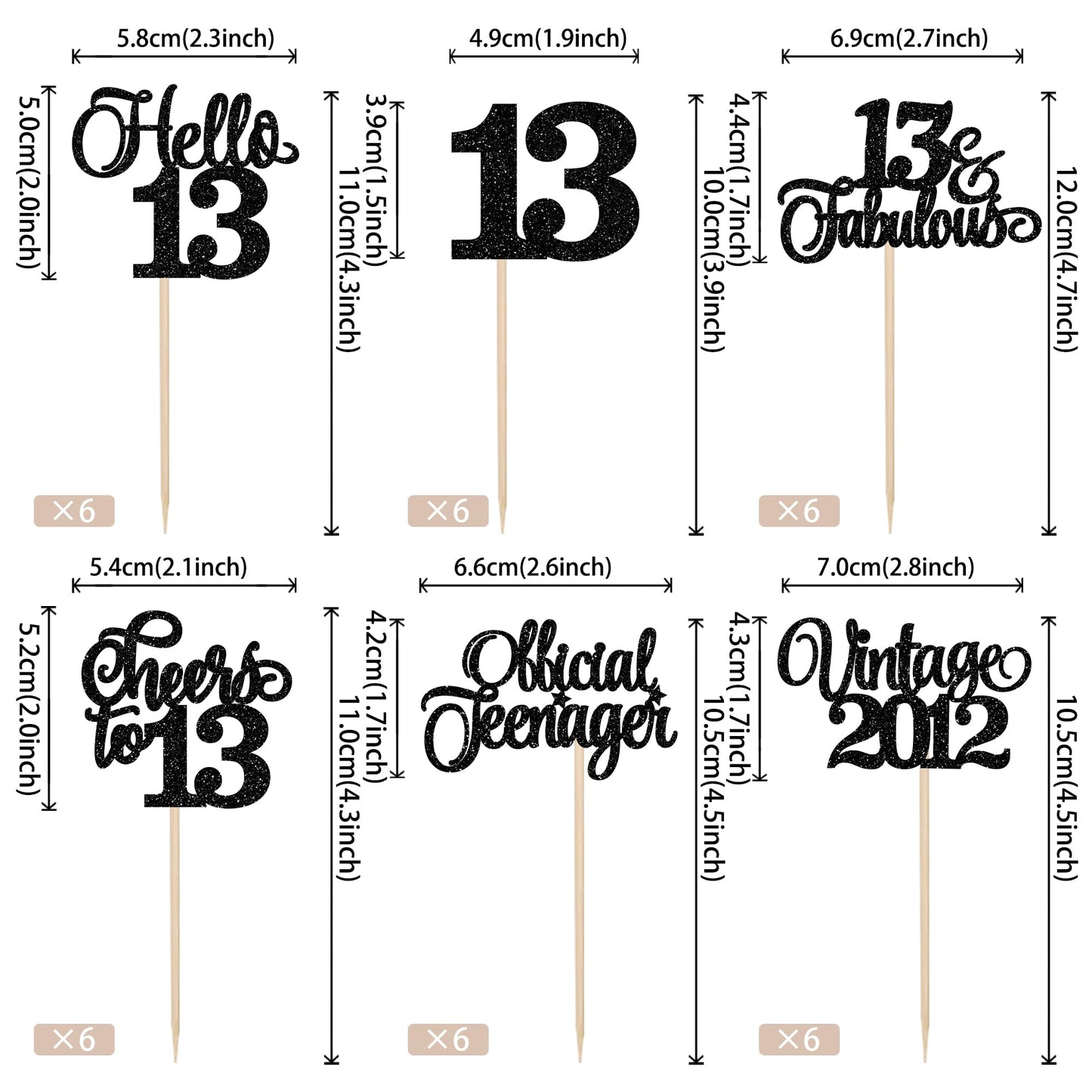 Rssta i Cupcake Toppers 24 Pack Glitter 13th Birthday Decorations Black