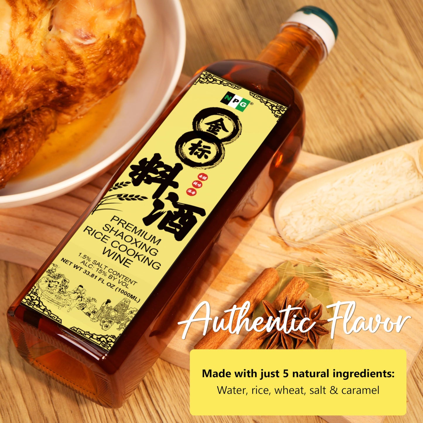 NPG Premium Shaoxing Cooking Wine - Authentic Rice Wine for Asian Cooking, 33.81 Fl Oz (Pack of 2)