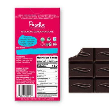 Pascha Organic Dark Chocolate Bars, 70% Cacao, Utz, Gluten Free, Non Gmo, 2.82 Oz, Pack Of 10