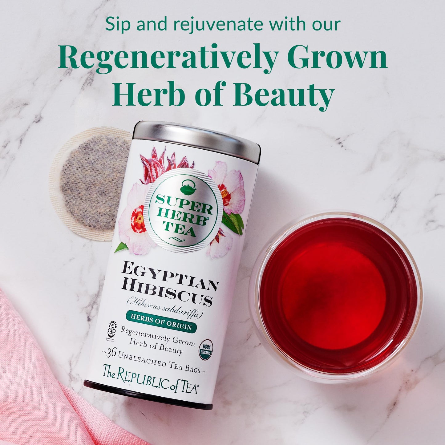 The Republic of Tea Organic Egyptian Hibiscus Herbal Tea, 36 Count, Naturally Caffeine-Free, Tea Bags