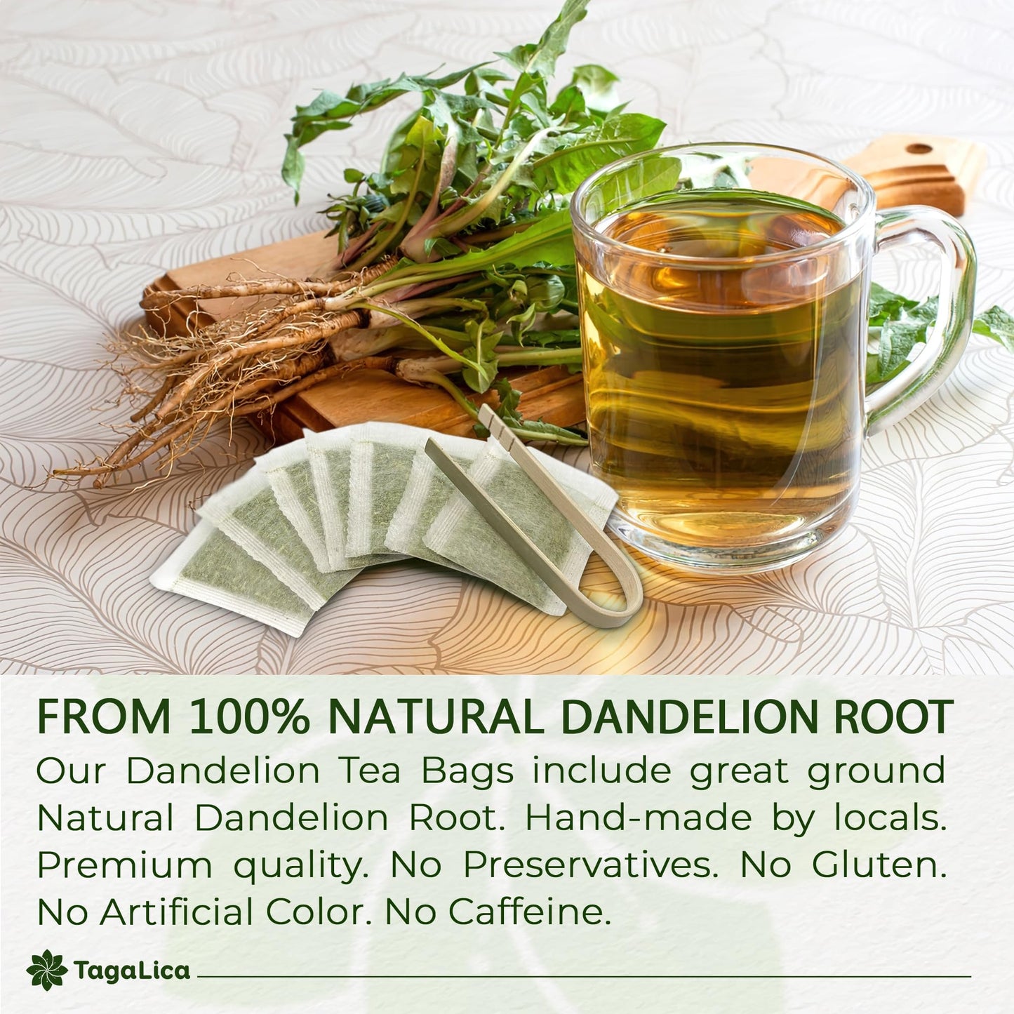 Tagalica Dandelion Root Herbal Tea Bags, 100% Natural, Vegan, Caffeine-Free, 25 Bags
