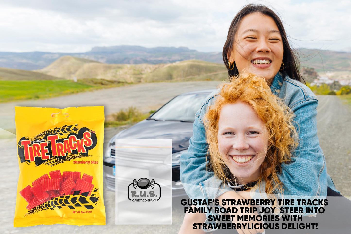 Tire Tracks Strawberry Bites, 2 Pack - 5 Oz Each | Delicious Strawberry Flavored Candy | Imported Chewy Treats - Comes With Rus