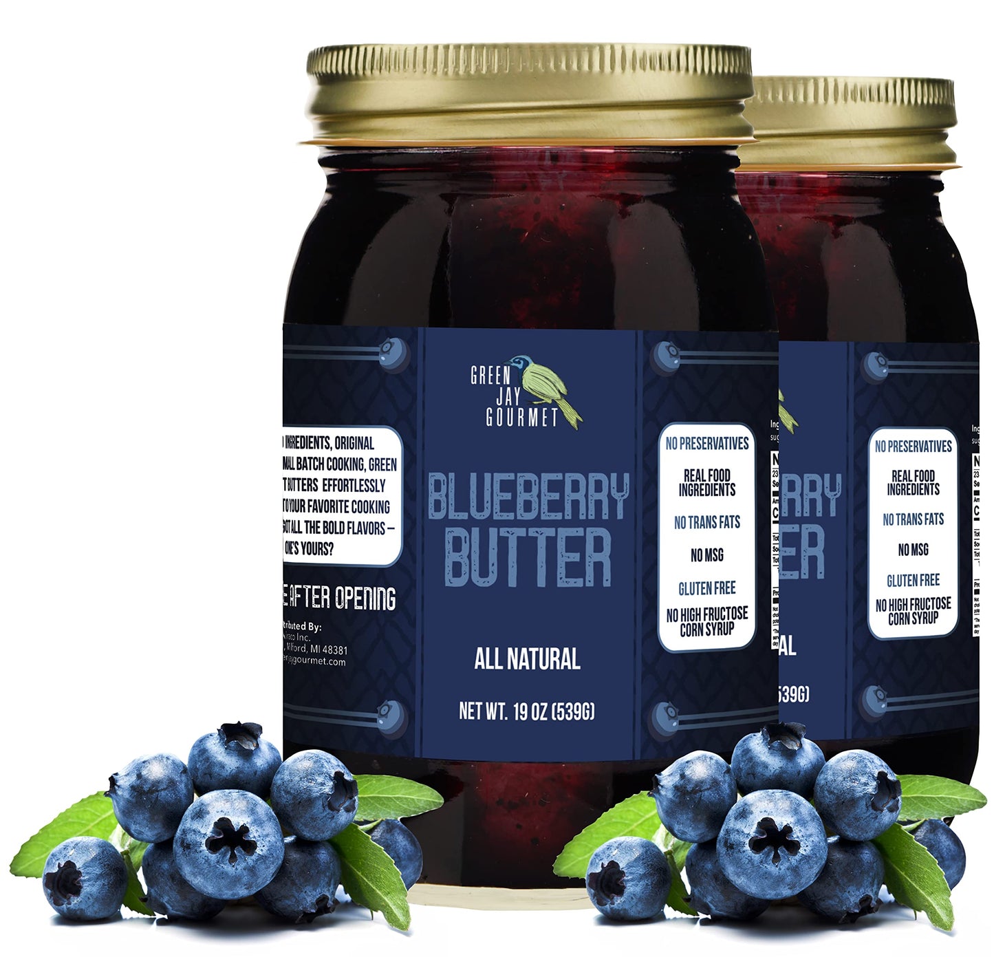 Green Jay Gourmet Blueberry Butter - All-Natural Fruit Spread - Gluten-Free - 2 x 19 Ounces