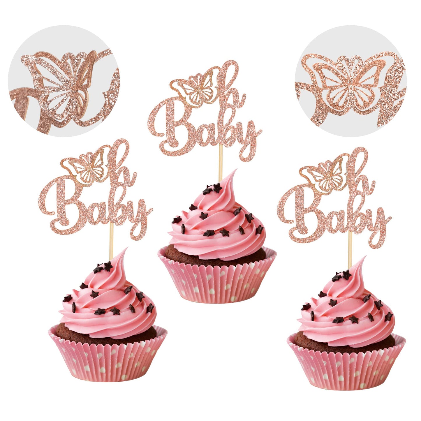 Gyufise 24Pcs Rose Gold Glittery Oh Baby Butterfly Cupcake Toppers Baby Shower Girl Decoration Baby Shower Cupcake Toppers Gende